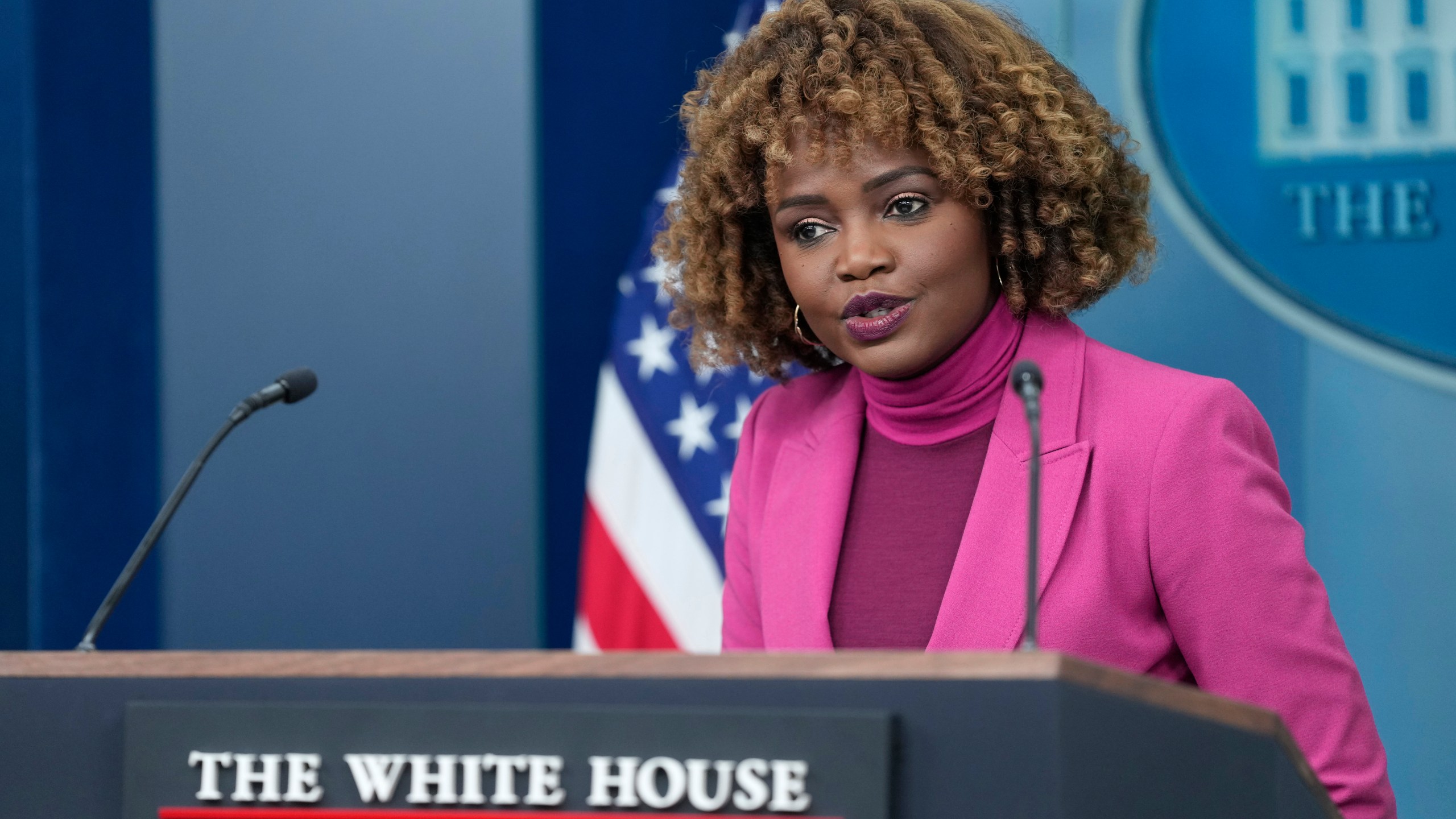 White House press secretary Karine Jean-Pierre speaks during the daily briefing at the White House in Washington, Thursday, Dec. 12, 2024. (AP Photo/Susan Walsh)