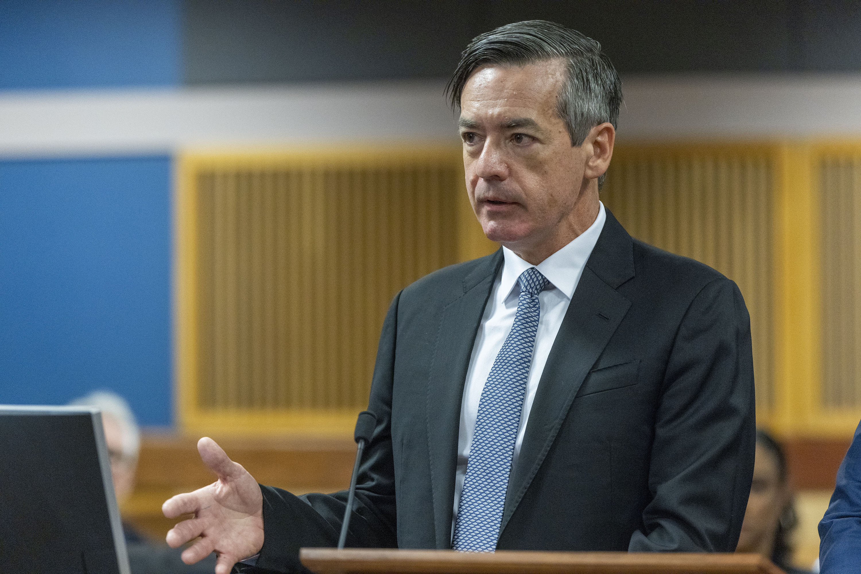 FILE - Kenneth Chesebro speaks to Fulton County Superior Court Judge Scott McAfee during a hearing where Chesebro accepted a plea deal from the Fulton County district attorney at the Fulton County Courthouse, Oct. 20, 2023, in Atlanta. (Alyssa Pointer/Pool Photo via AP, File)