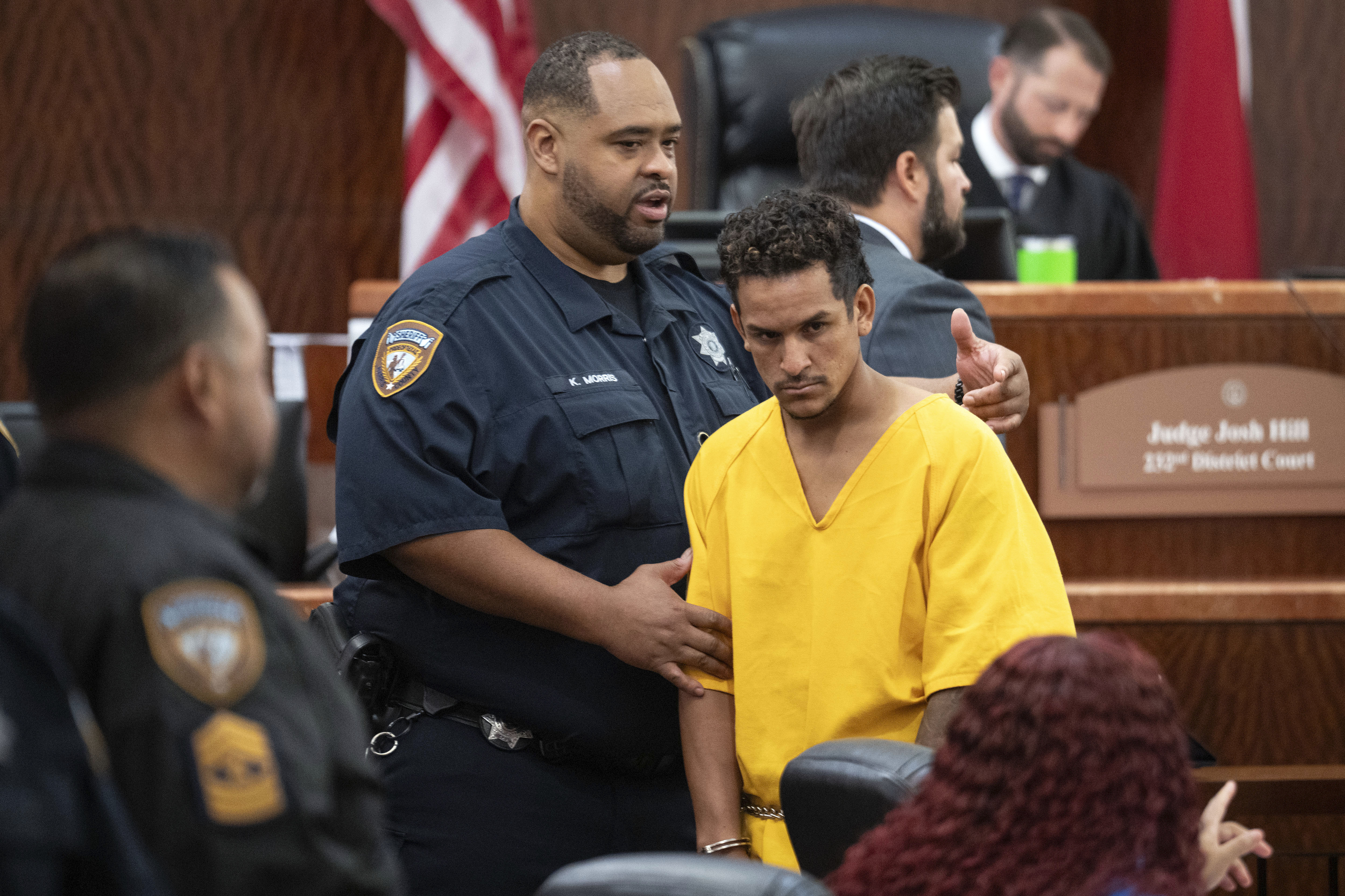 FILE - Franklin Pena, one of the two men accused of killing 12-year-old Jocelyn Nungaray, is led out of the courtroom after bail was set for $10 million, Monday, June 24, 2024, in Houston. (Brett Coomer/Houston Chronicle via AP, File)