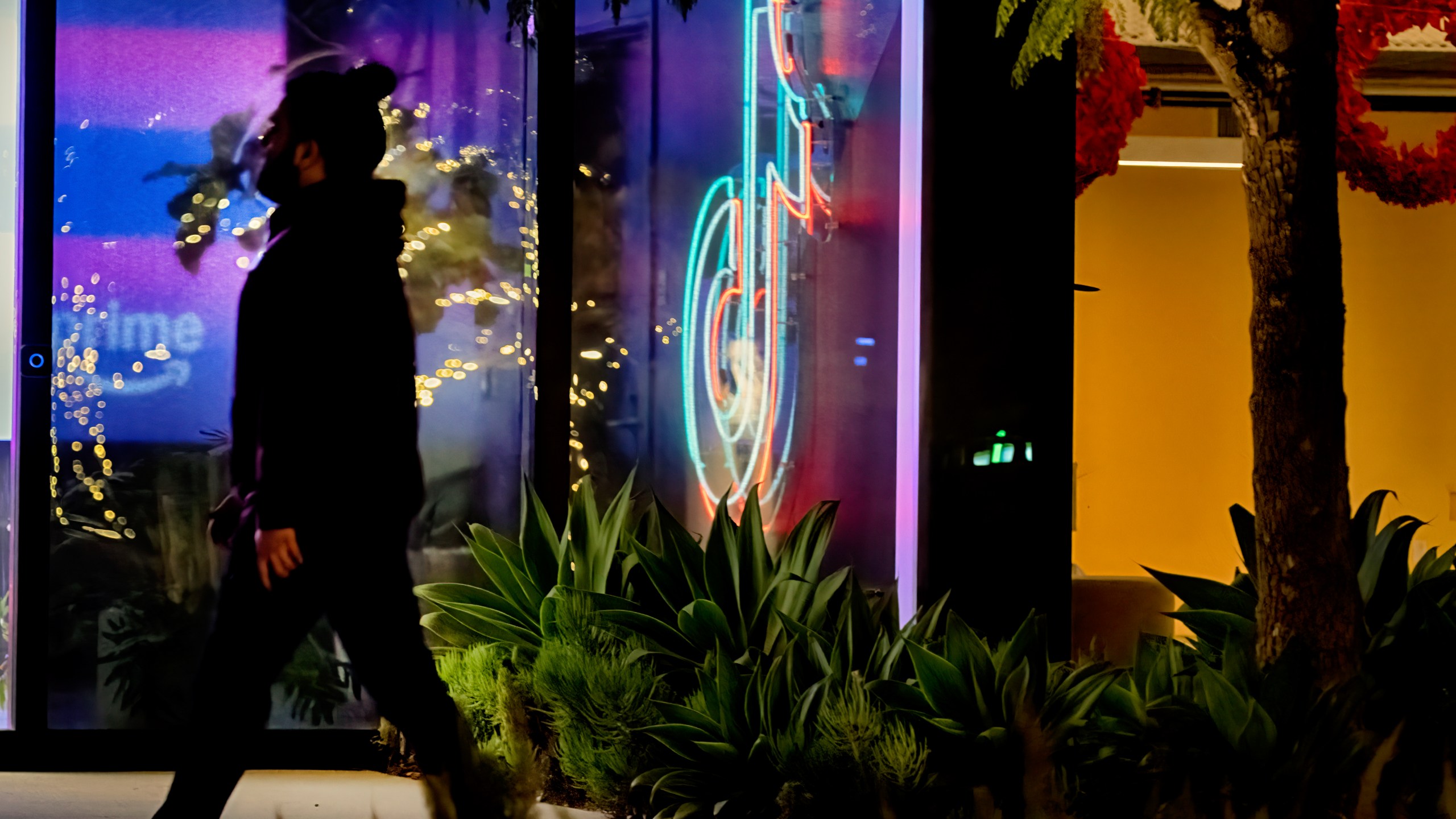 A neon TikTok logo hangs in the lobby of the TikTok office building in Culver City, Calif., on Tuesday, Dec. 3, 2024. (AP Photo/Richard Vogel)