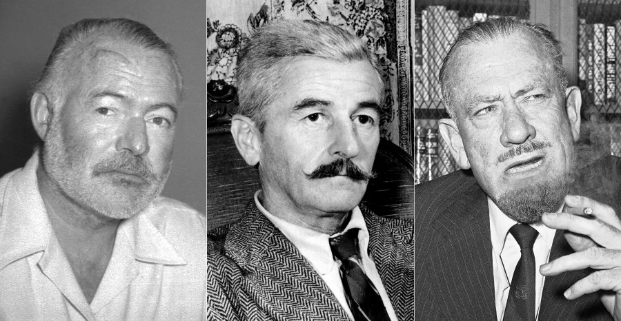 This combination of photos show authors Ernest Hemingway in 1950, left, William Faulkner in 1950, center, and John Steinbeck in 1962. (AP Photo)