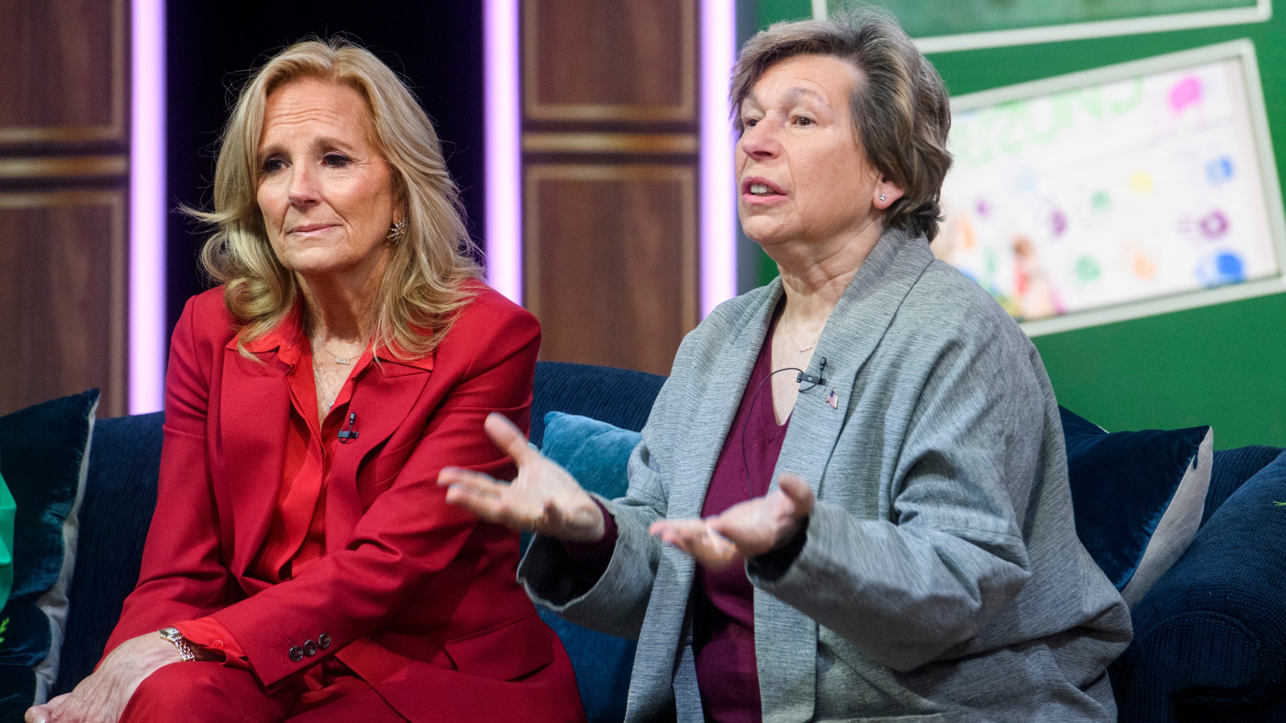 First lady Jill Biden, left, listens while Randi Weingarten, president of American Federation of Teachers, right, speaks during a virtual thank you event for educators with the American Federation of Teachers and the National Education Association, in the South Court Auditorium on the White House complex in Washington, Monday, Dec. 16, 2024. (AP Photo/Rod Lamkey, Jr.)