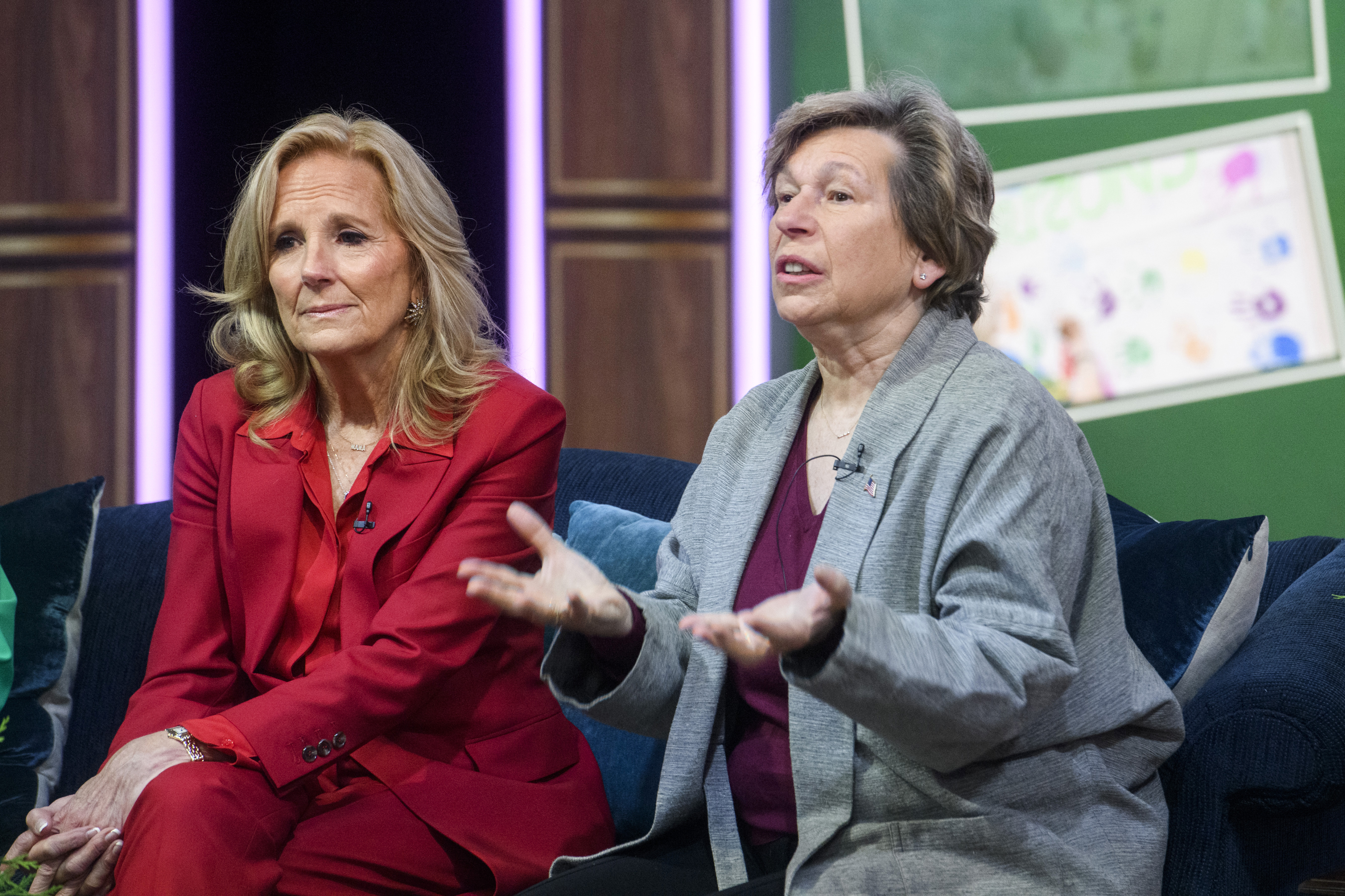 First lady Jill Biden, left, listens while Randi Weingarten, president of American Federation of Teachers, right, speaks during a virtual thank you event for educators with the American Federation of Teachers and the National Education Association, in the South Court Auditorium on the White House complex in Washington, Monday, Dec. 16, 2024. (AP Photo/Rod Lamkey, Jr.)