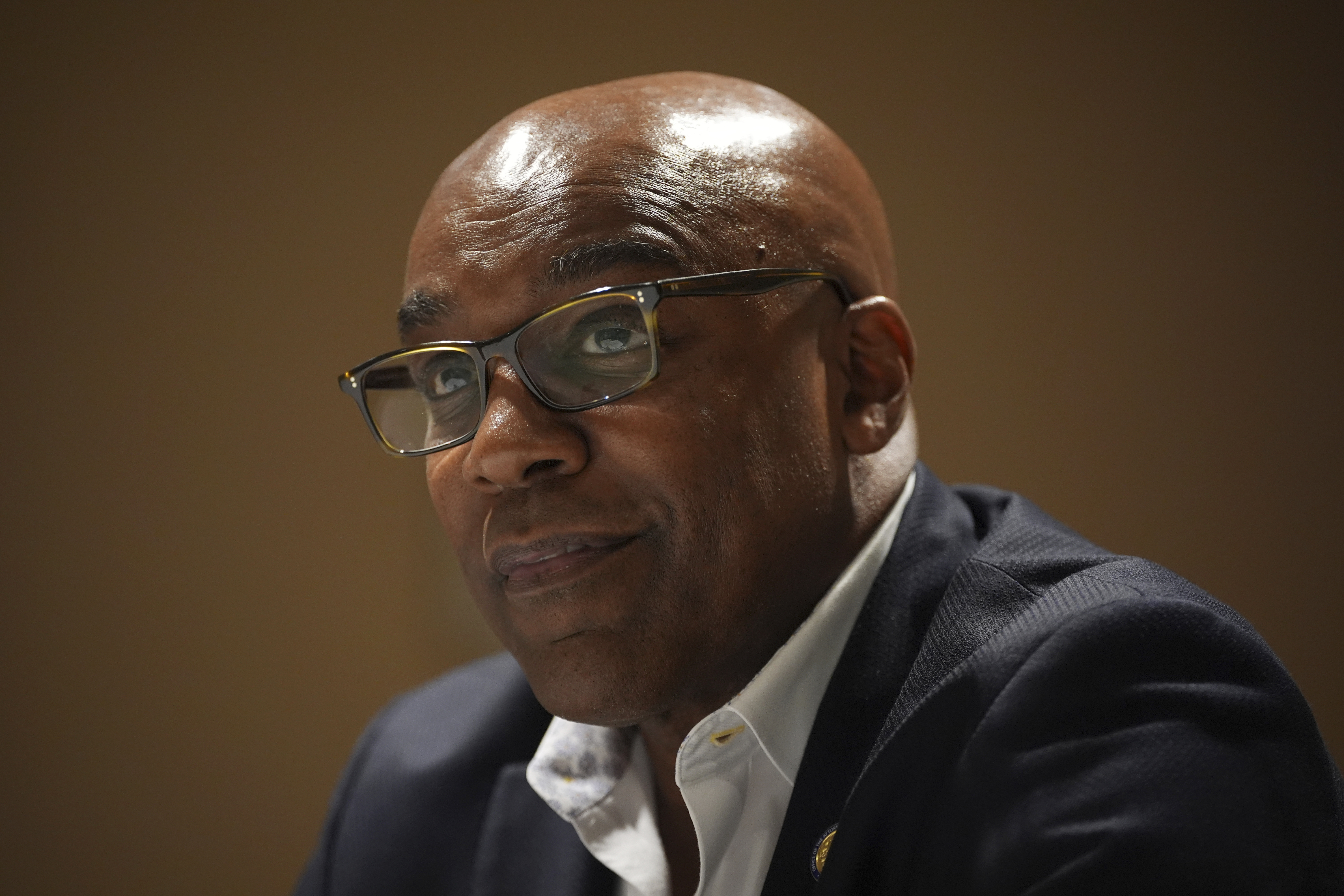 FILE - Illinois Attorney General Kwame Raoul pauses during an interview with The Associated Press, Thursday, Nov. 21, 2024, in Philadelphia. (AP Photo/Matt Slocum, File)