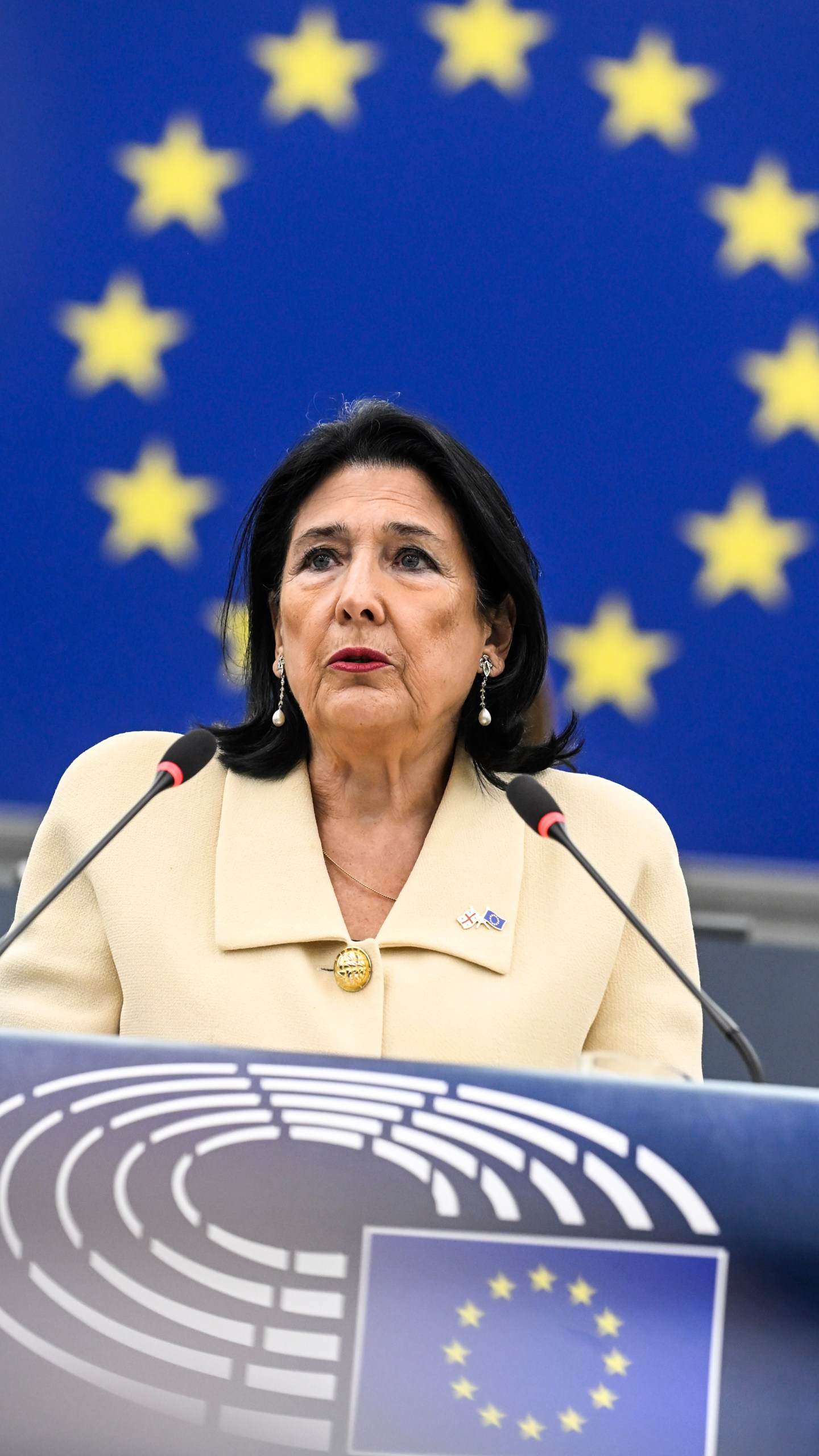 Georgian outgoing President Salome Zourabichvili delivers her speech at the European Parliament and appealed to the European Union to press her country's pro-Russia government to hold a new election amid a police crackdown on peaceful opposition protesters, Wednesday, Dec. 18, 2024 in Strasbourg, eastern France. (AP Photo/Pascal Bastien)