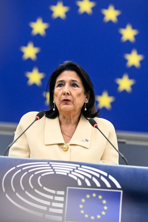 Georgian outgoing President Salome Zourabichvili delivers her speech at the European Parliament and appealed to the European Union to press her country's pro-Russia government to hold a new election amid a police crackdown on peaceful opposition protesters, Wednesday, Dec. 18, 2024 in Strasbourg, eastern France. (AP Photo/Pascal Bastien)