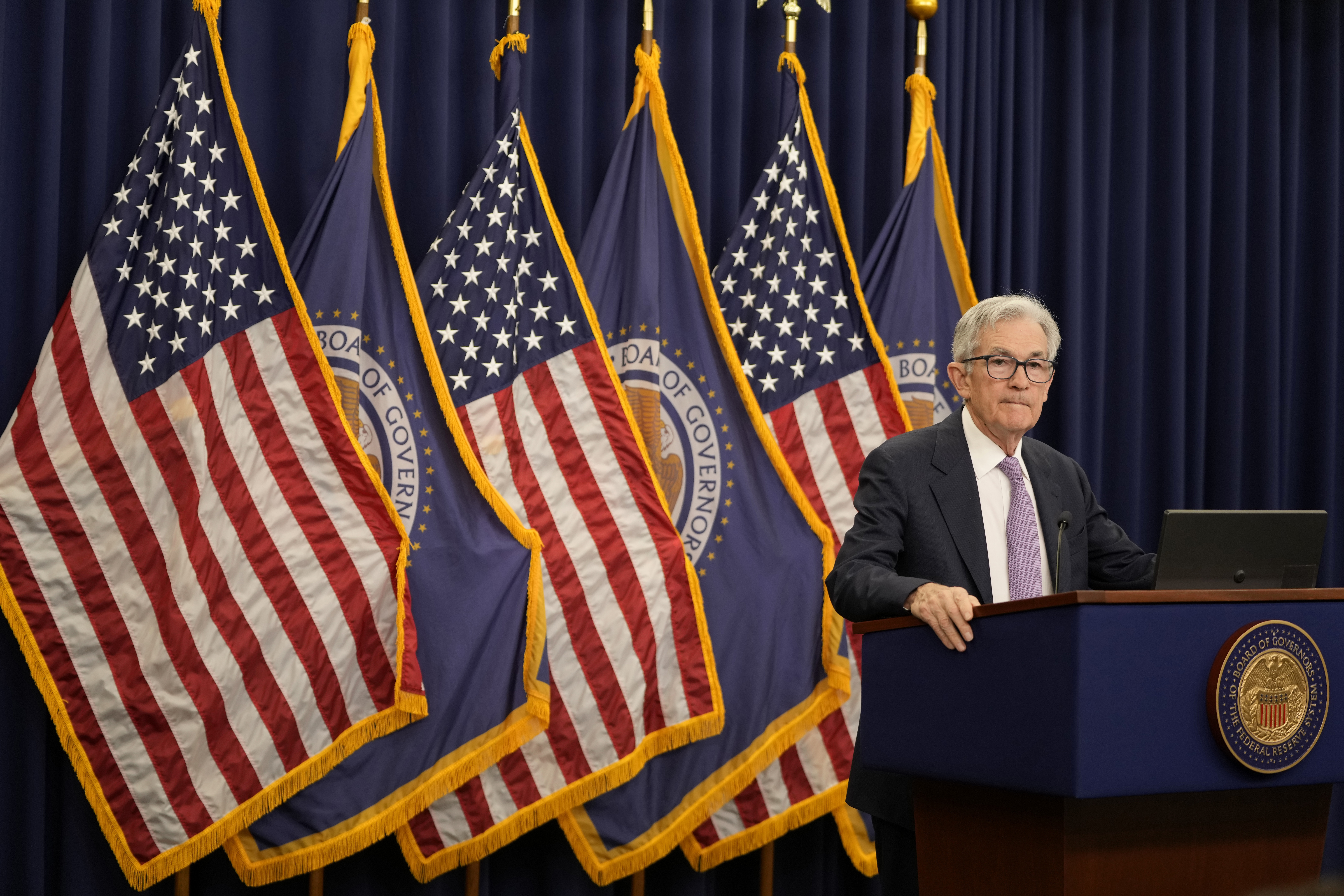 File - Federal Reserve Board Chairman Jerome Powell speaks during a news conference at the Federal Reserve in Washington, Nov. 7, 2024. (AP Photo/Mark Schiefelbein, File)