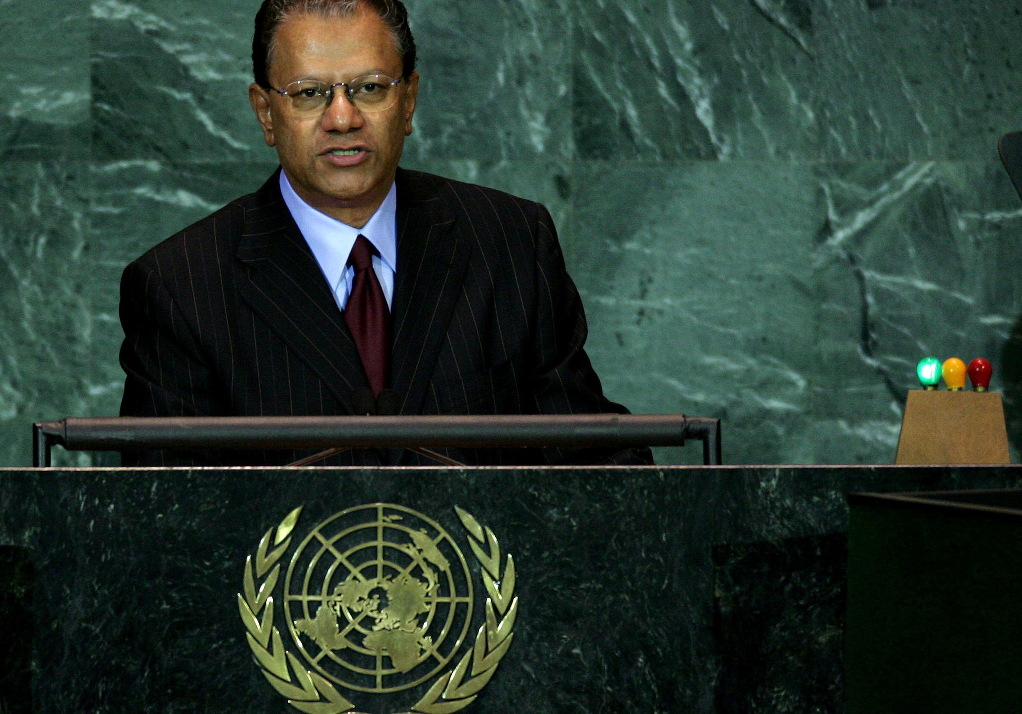 FILE - The Prime Minister of Mauritius, Navinchandra Ramgoolam, addresses the United Nations General Assembly at the U.N. headquarters in New York, Monday, Sept. 19, 2005. (AP Photo/John Marshall Mantel, File)