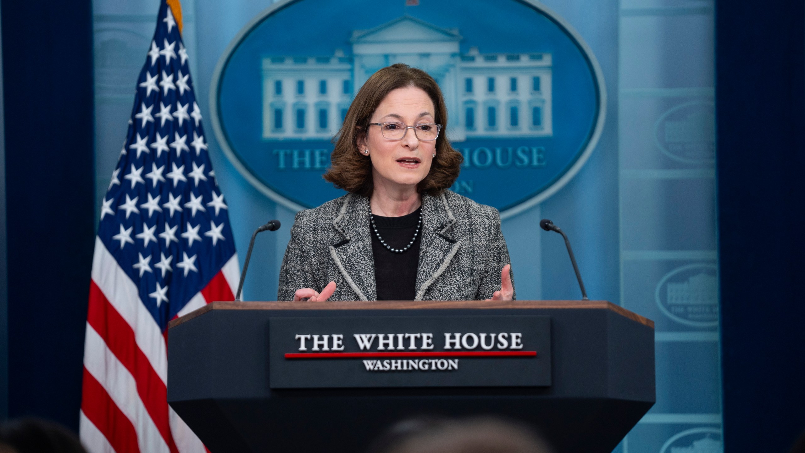 FILE - White House Gender Policy Council director Jennifer Klein speaks during a press briefing at the White House, Jan. 22, 2024, in Washington. (AP Photo/Evan Vucci, File)