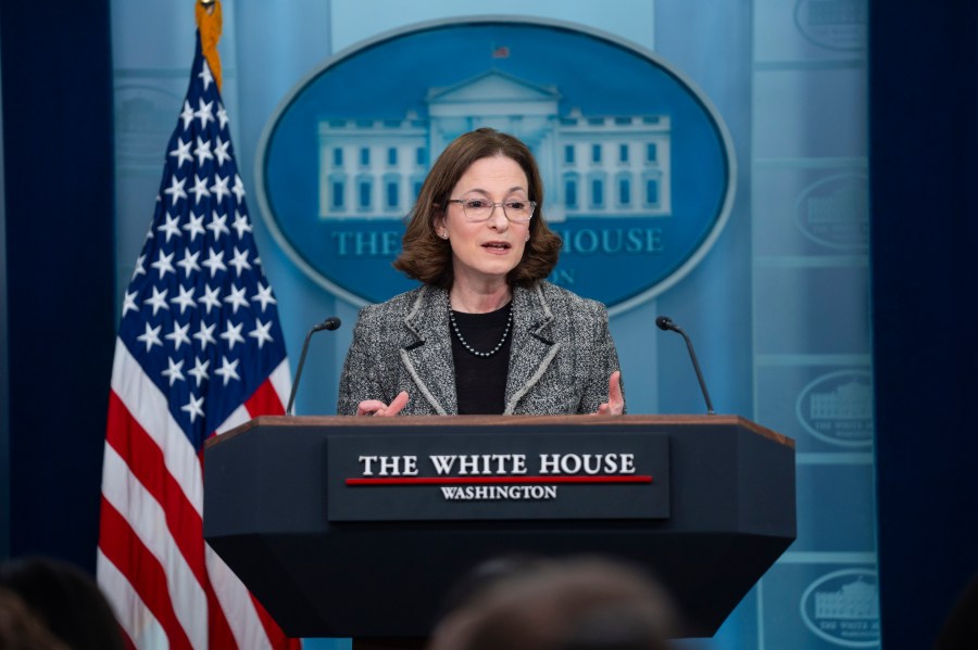 FILE - White House Gender Policy Council director Jennifer Klein speaks during a press briefing at the White House, Jan. 22, 2024, in Washington. (AP Photo/Evan Vucci, File)