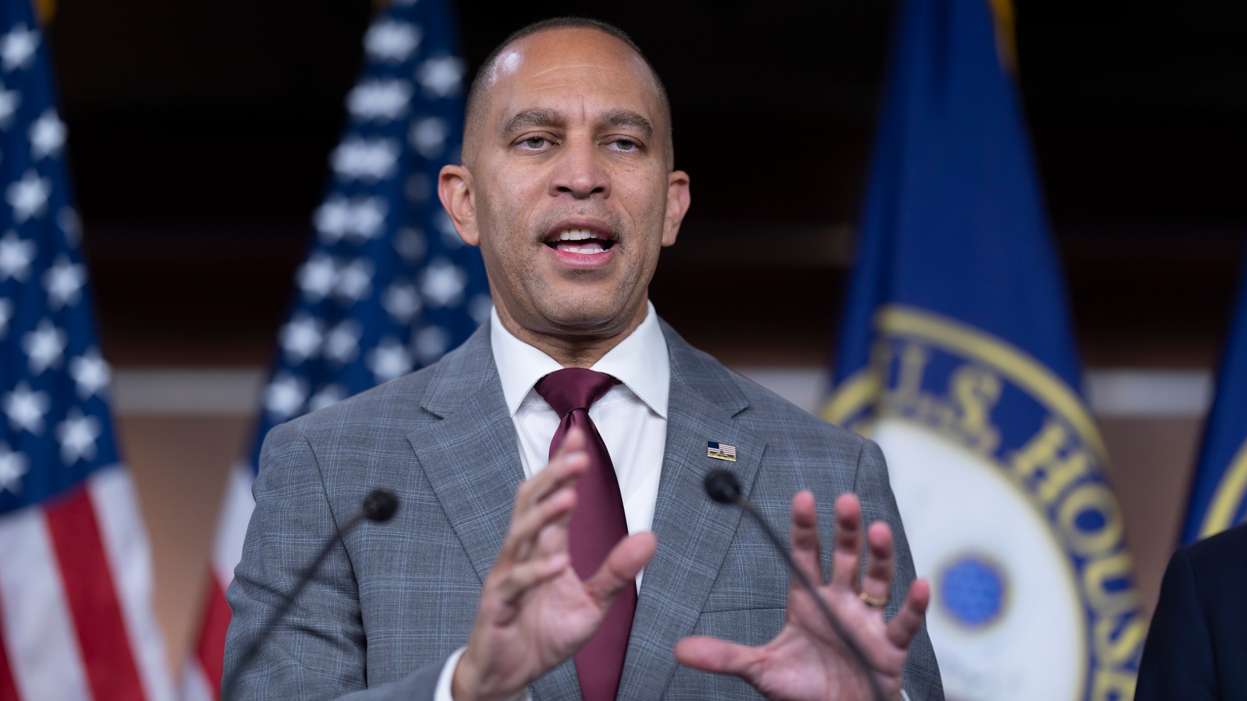 House Minority Leader Hakeem Jeffries, D-N.Y., meets with reporters after President-elect Donald Trump abruptly rejected a bipartisan plan to prevent a Christmastime government shutdown, at the Capitol in Washington, Thursday, Dec. 19, 2024. (AP Photo/J. Scott Applewhite)