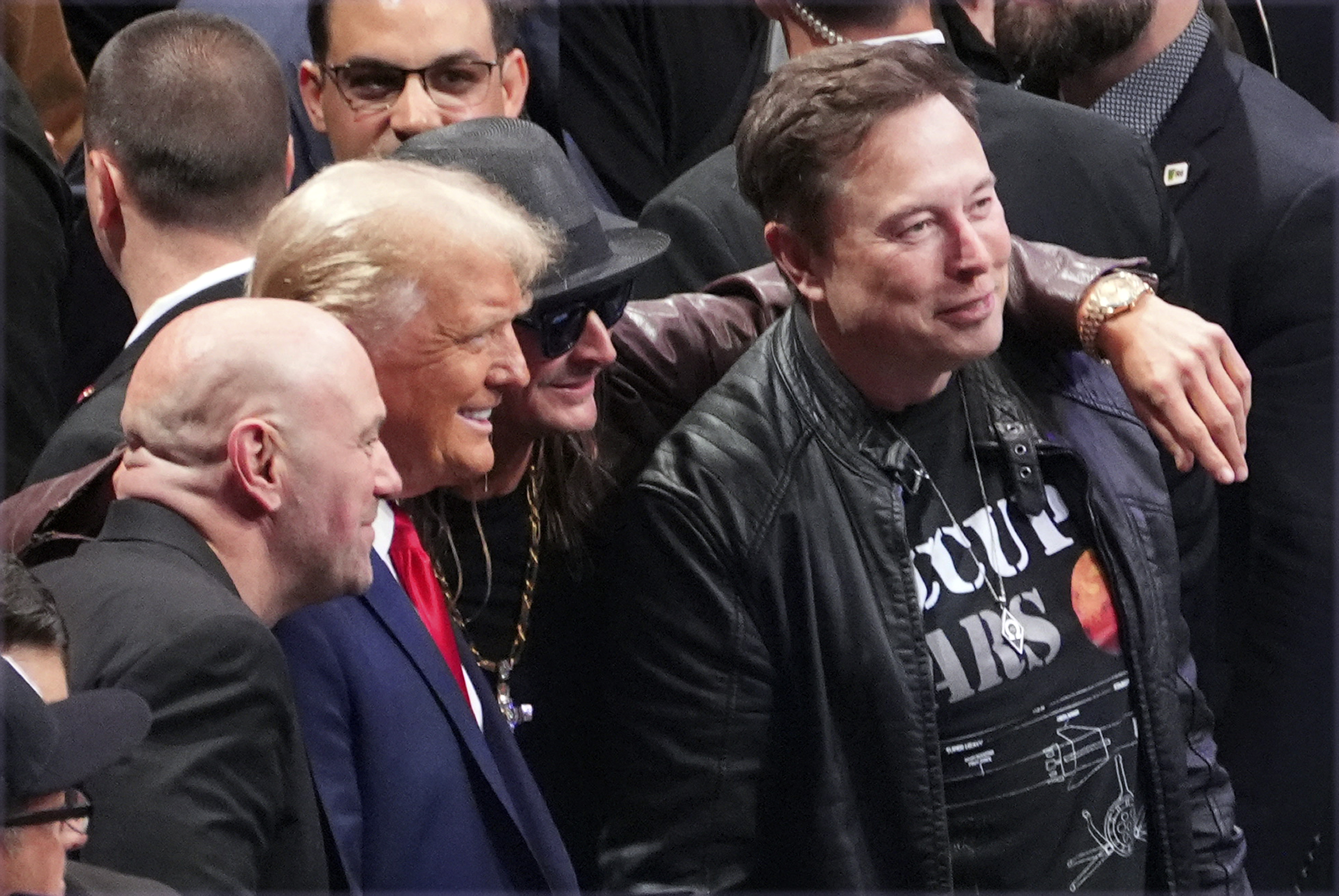 FILE - President-elect Donald Trump poses for a photo with Dana White, Kid Rock and Elon Musk at UFC 309 at Madison Square Garden, Nov. 16, 2024, in New York. (AP Photo/Evan Vucci, File)