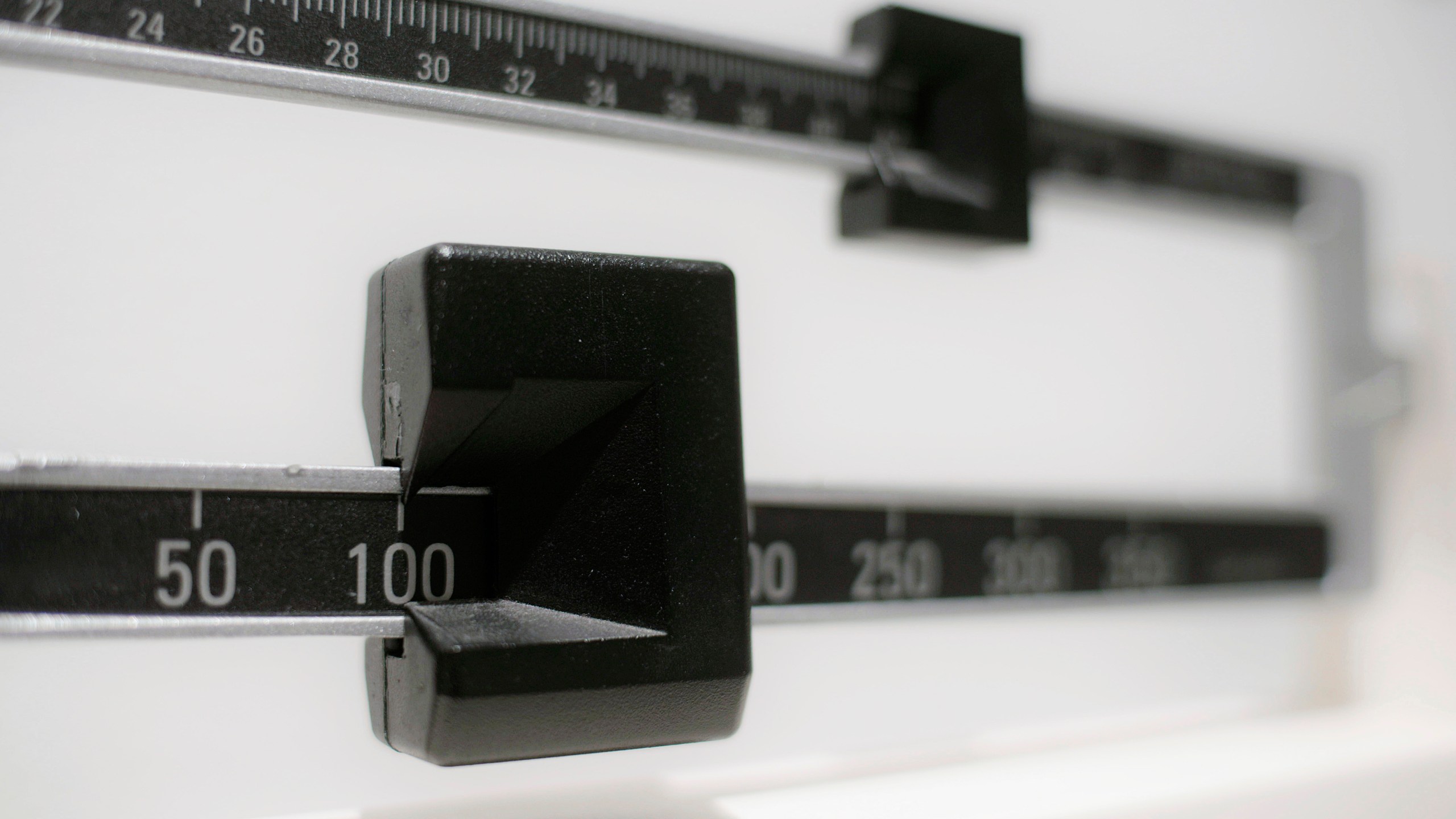 FILE - A closeup of a beam scale is seen in New York on April 3, 2018. (AP Photo/Patrick Sison, File)