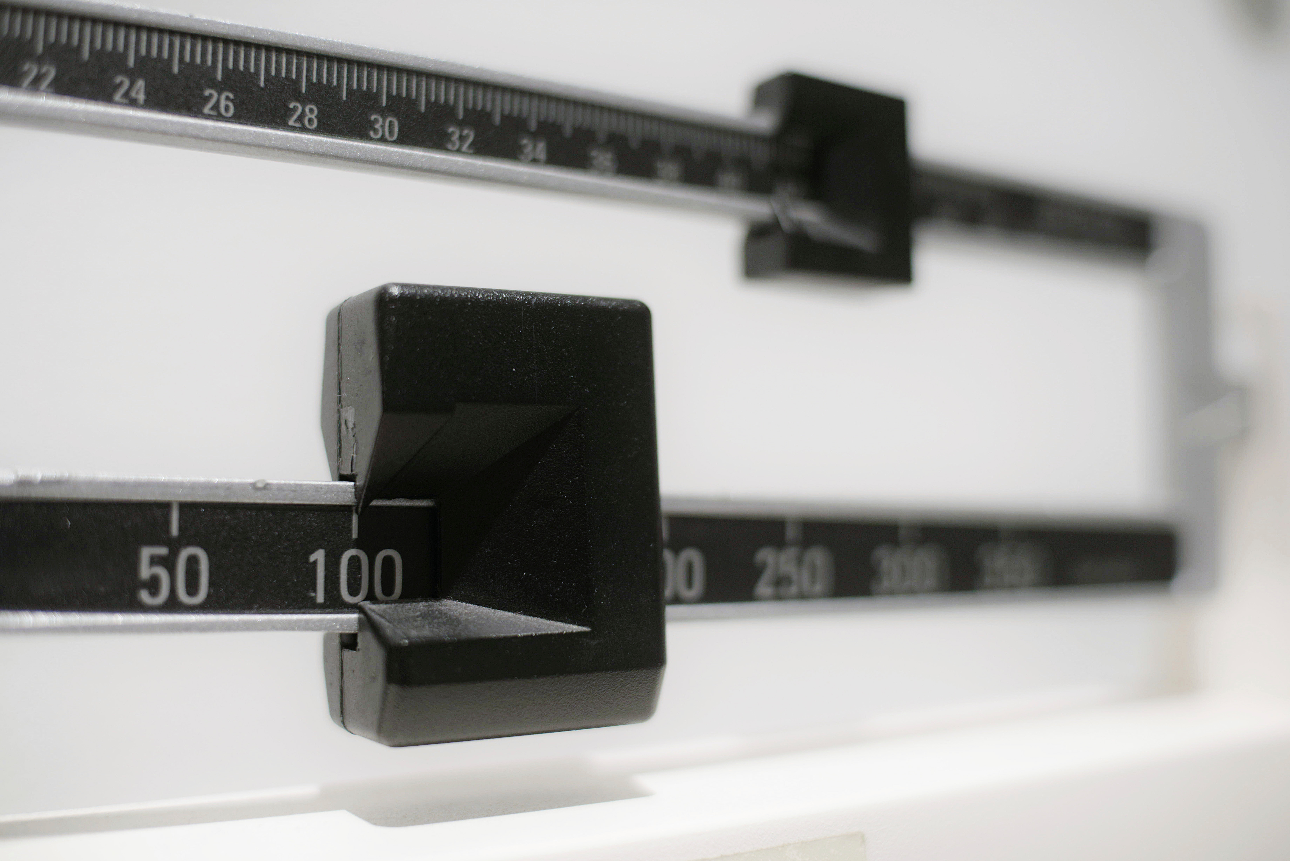 FILE - A closeup of a beam scale is seen in New York on April 3, 2018. (AP Photo/Patrick Sison, File)