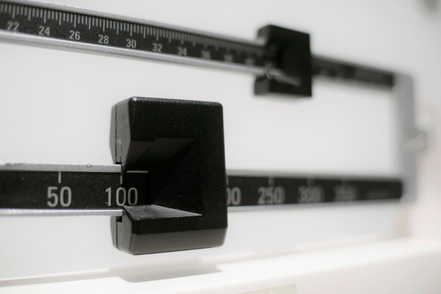 FILE - A closeup of a beam scale is seen in New York on April 3, 2018. (AP Photo/Patrick Sison, File)