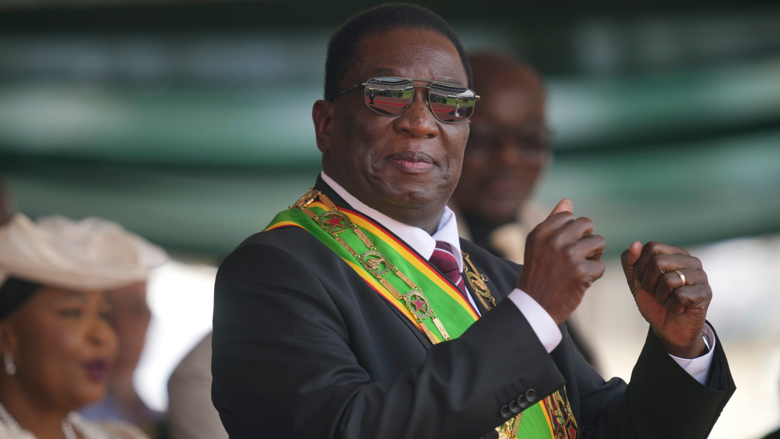 FILE - Zimbabwe President Emmerson Mnangagwa gestures during his inauguration ceremony at the National Sports Stadium in the capital, Harare, on Sept. 4 2023. (AP Photo /Tsvangirayi Mukwazhi, File)