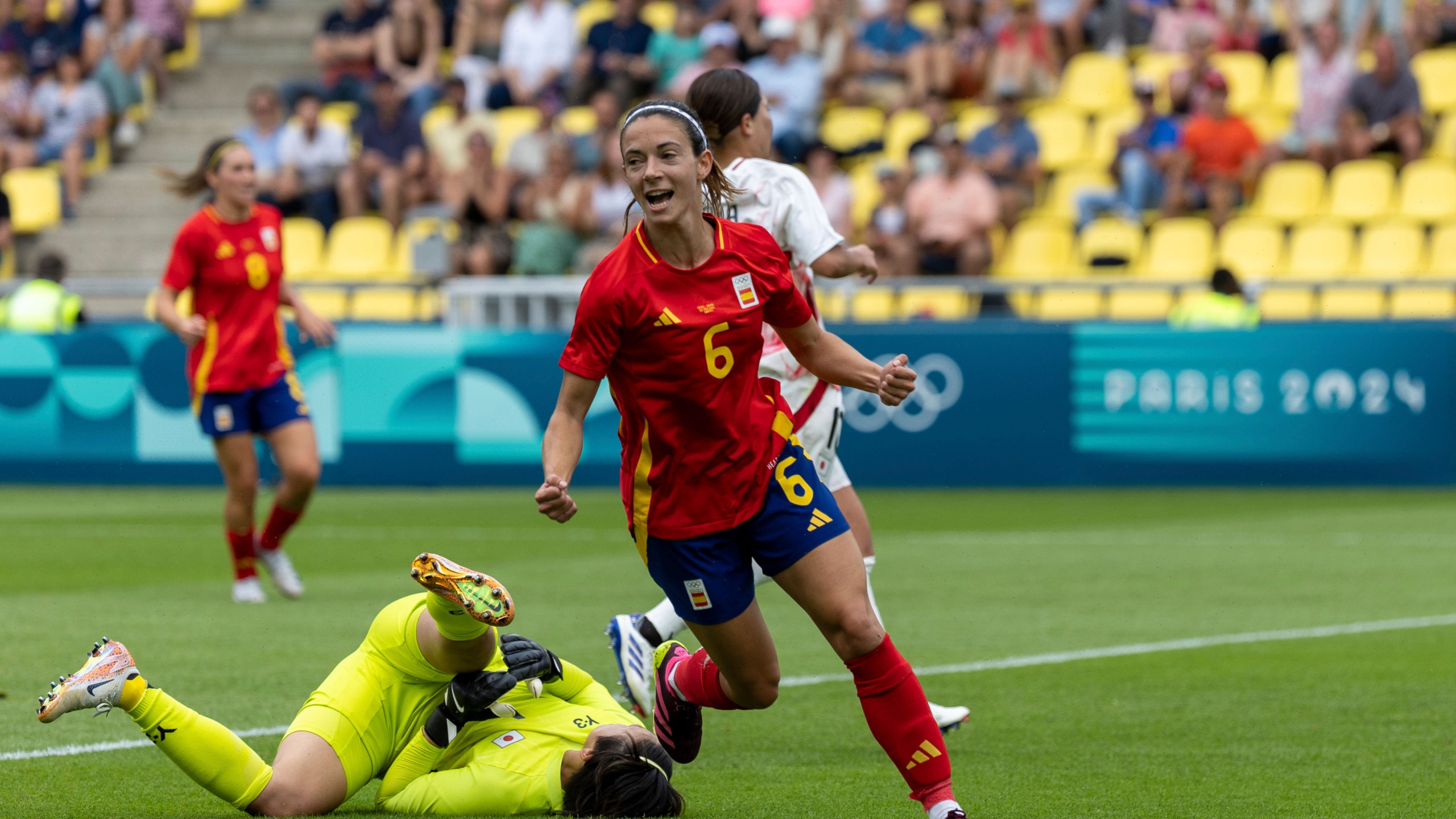 FILE - Spain's Aitana Bonmati celebrates after scoring a goal, during the women's Group C match between Spain and Japan, at La Beaujoire Stadium, during the 2024 Summer Olympics Thursday, July 25, 2024, in Nantes, France. (AP Photo/Jeremias Gonzalez, File)