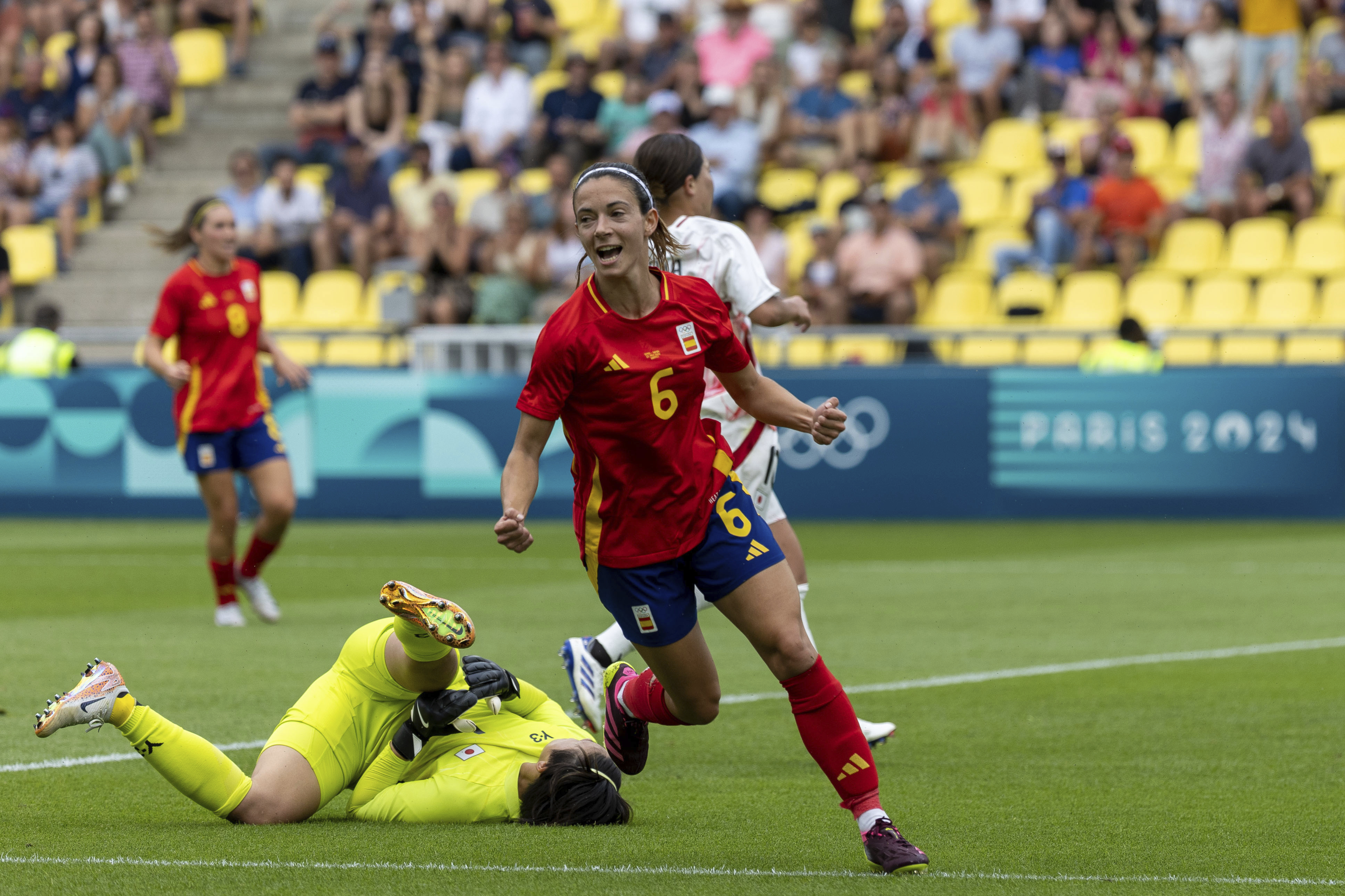 FILE - Spain's Aitana Bonmati celebrates after scoring a goal, during the women's Group C match between Spain and Japan, at La Beaujoire Stadium, during the 2024 Summer Olympics Thursday, July 25, 2024, in Nantes, France. (AP Photo/Jeremias Gonzalez, File)