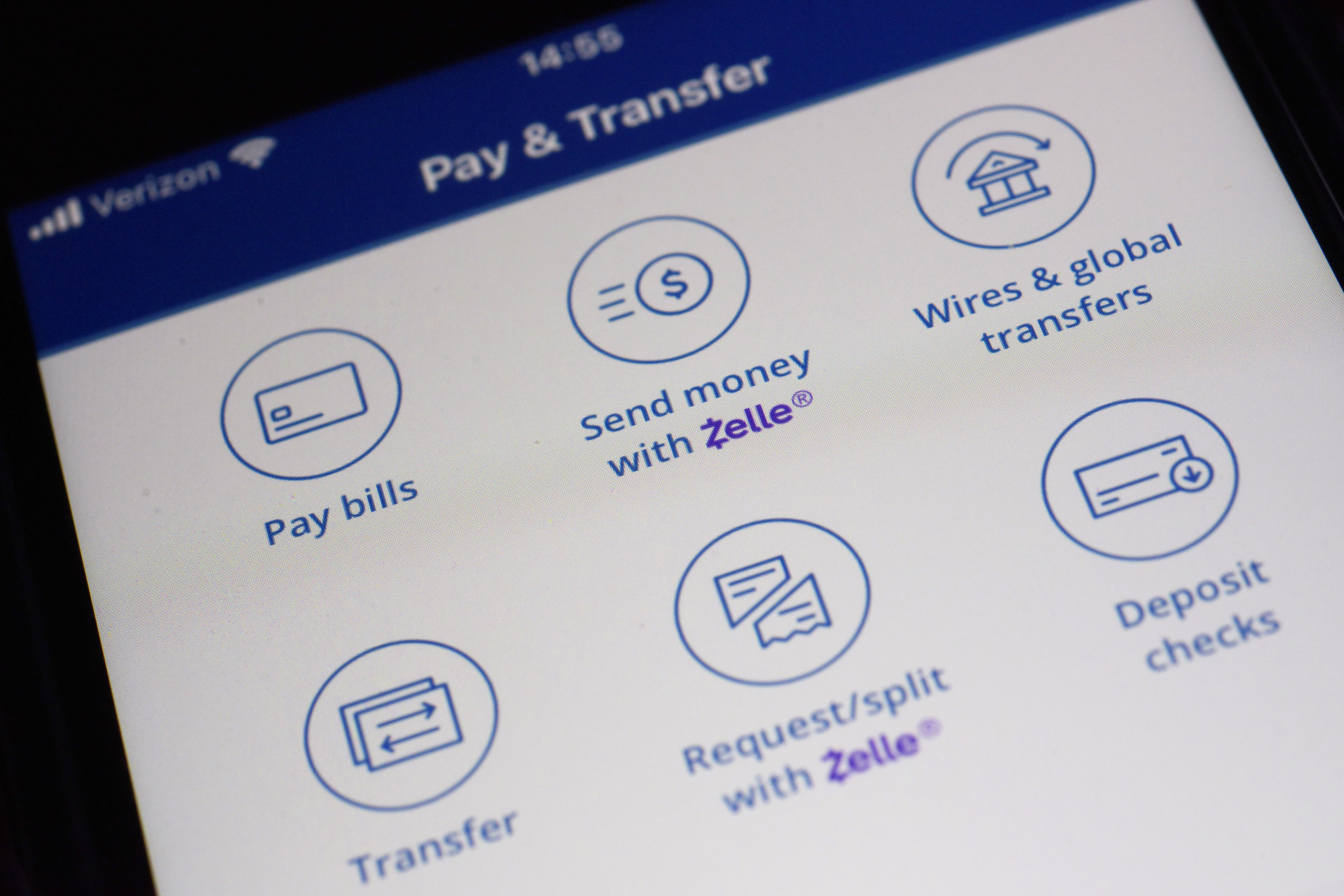 Options to use the Zelle payments network are seen on a Chase mobile banking app in New York on Friday, Dec. 20, 2024. (AP Photo/Patrick Sison)