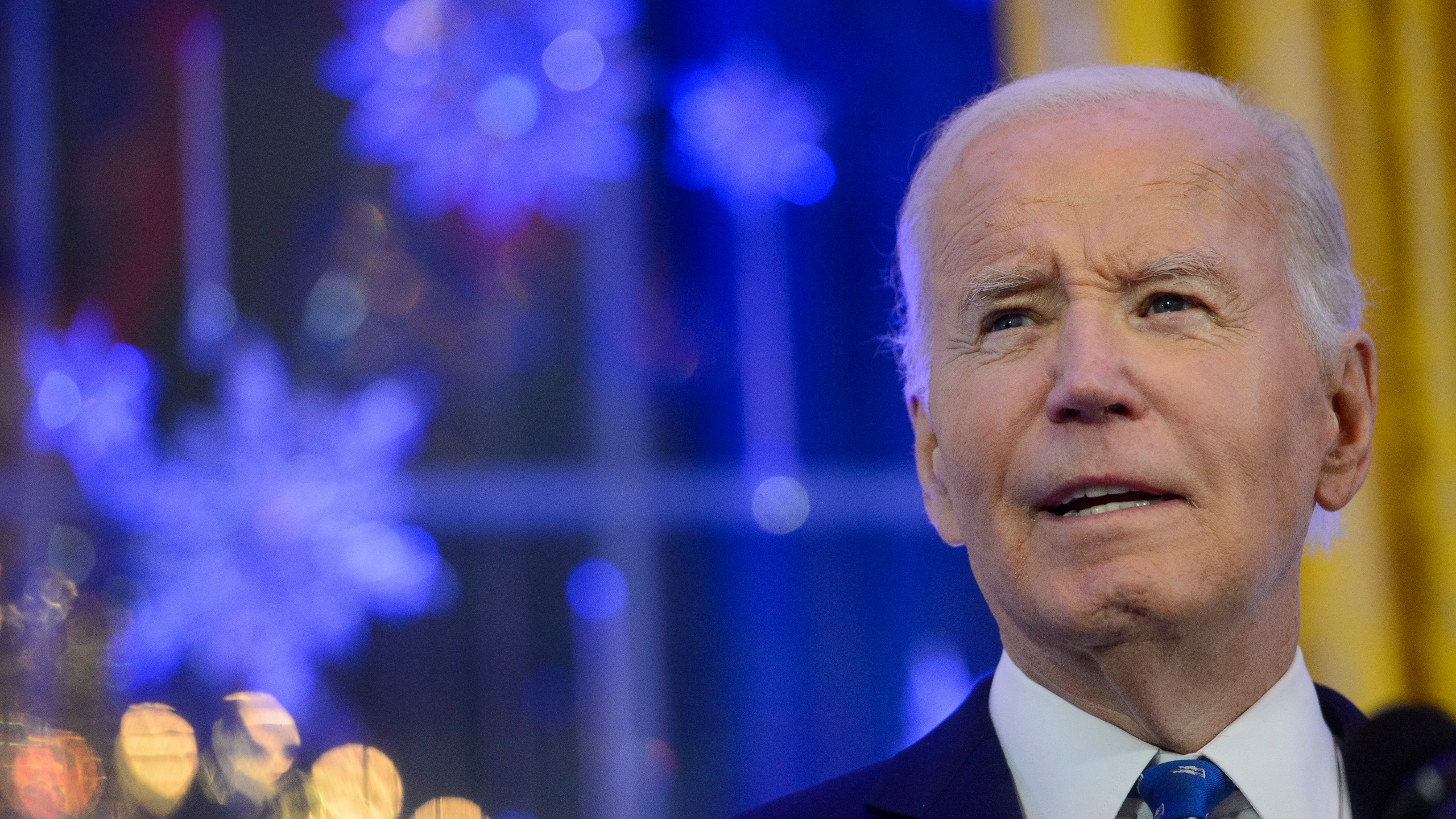 President Joe Biden speaks during a Hanukkah reception in the East Room of the White House in Washington, Monday, Dec. 16, 2024. (AP Photo/Rod Lamkey, Jr.)