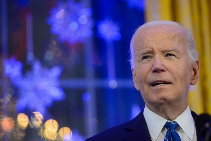 President Joe Biden speaks during a Hanukkah reception in the East Room of the White House in Washington, Monday, Dec. 16, 2024. (AP Photo/Rod Lamkey, Jr.)