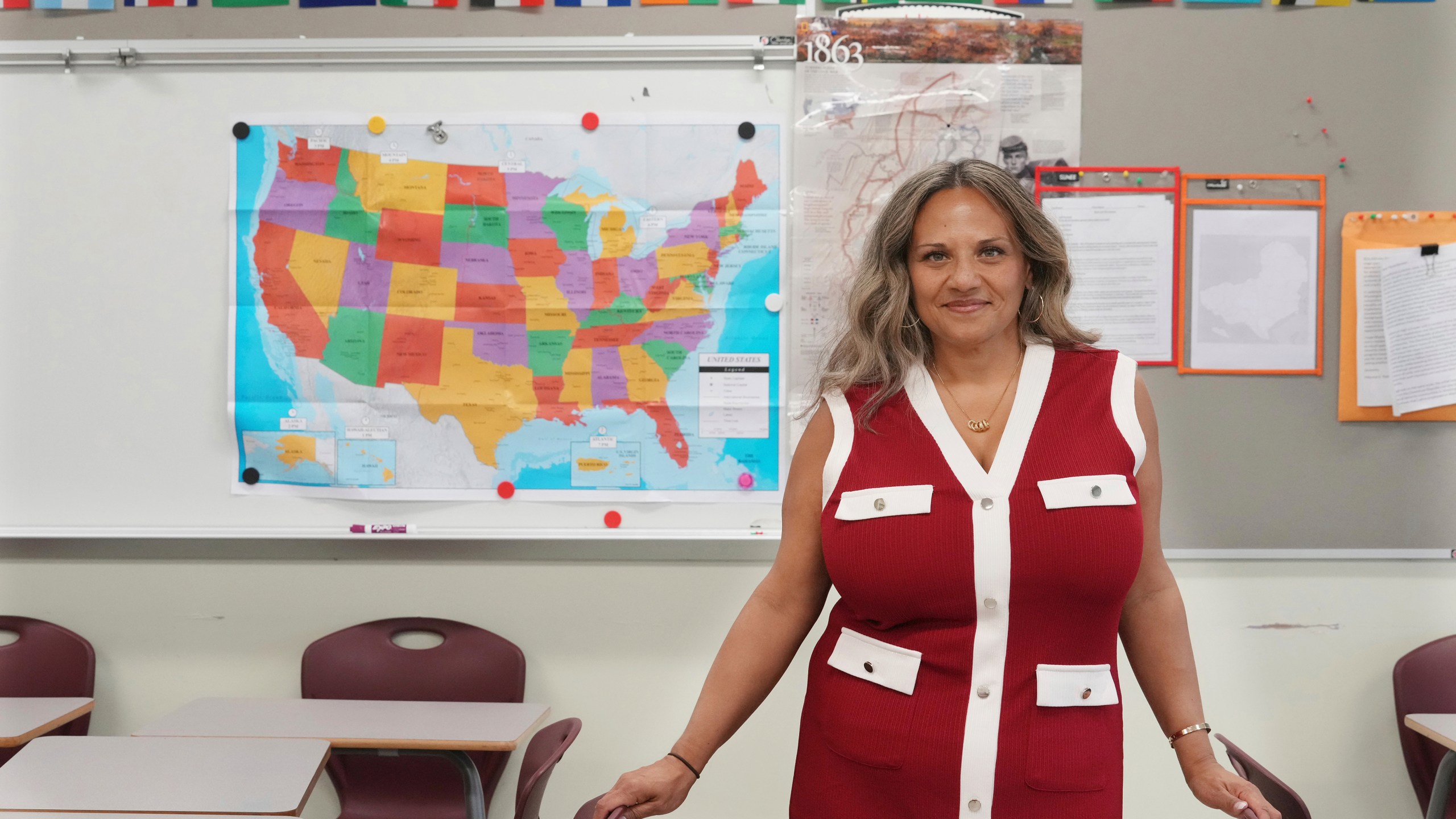 Renee O'Connor stands in one of the classrooms where she teaches Black history at Miami Norland Senior High School, Thursday, Dec. 19, 2024, in Miami Gardens, Fla. (AP Photo/Marta Lavandier)