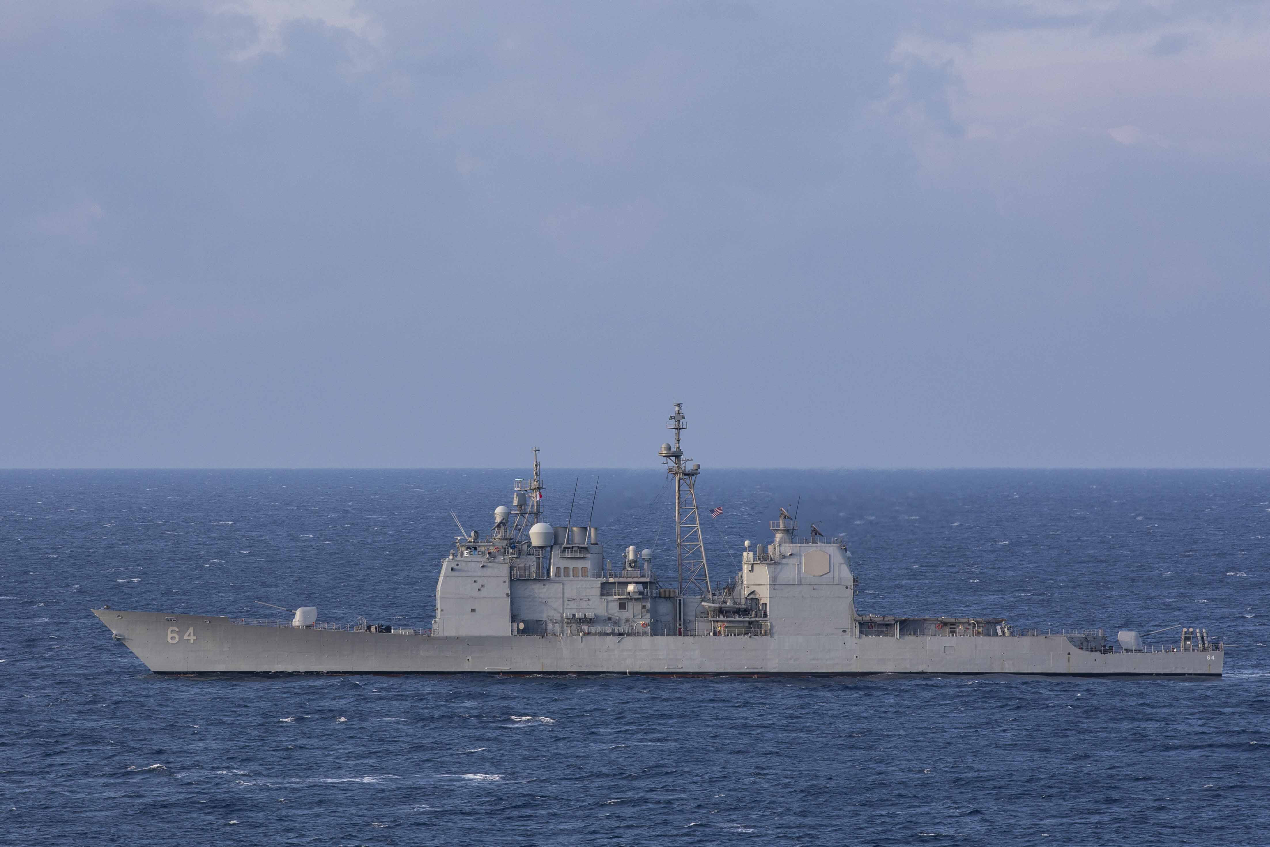 CORRECTS YEAR TO 2024 - The Ticonderoga-class guided-missile cruiser USS Gettysburg (CG 64) steams in the Mediterranean Sea, Dec. 15, 2024. (Kaitlin Young/U.S. Navy via AP)