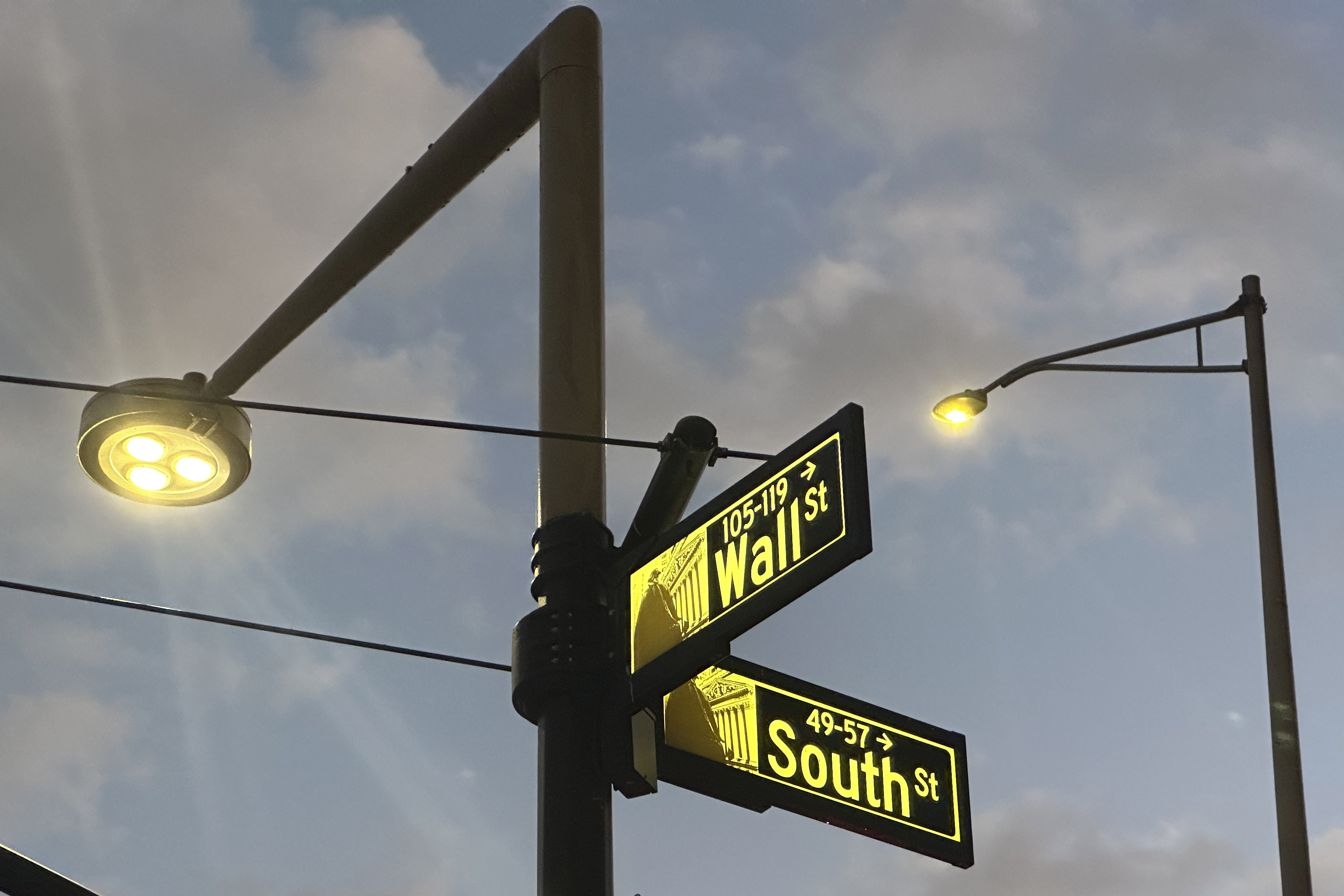 FILE - Signs mark the intersection of Wall and South Streets in New York's Financial District on Nov. 26, 2024. (AP Photo/Peter Morgan, File)