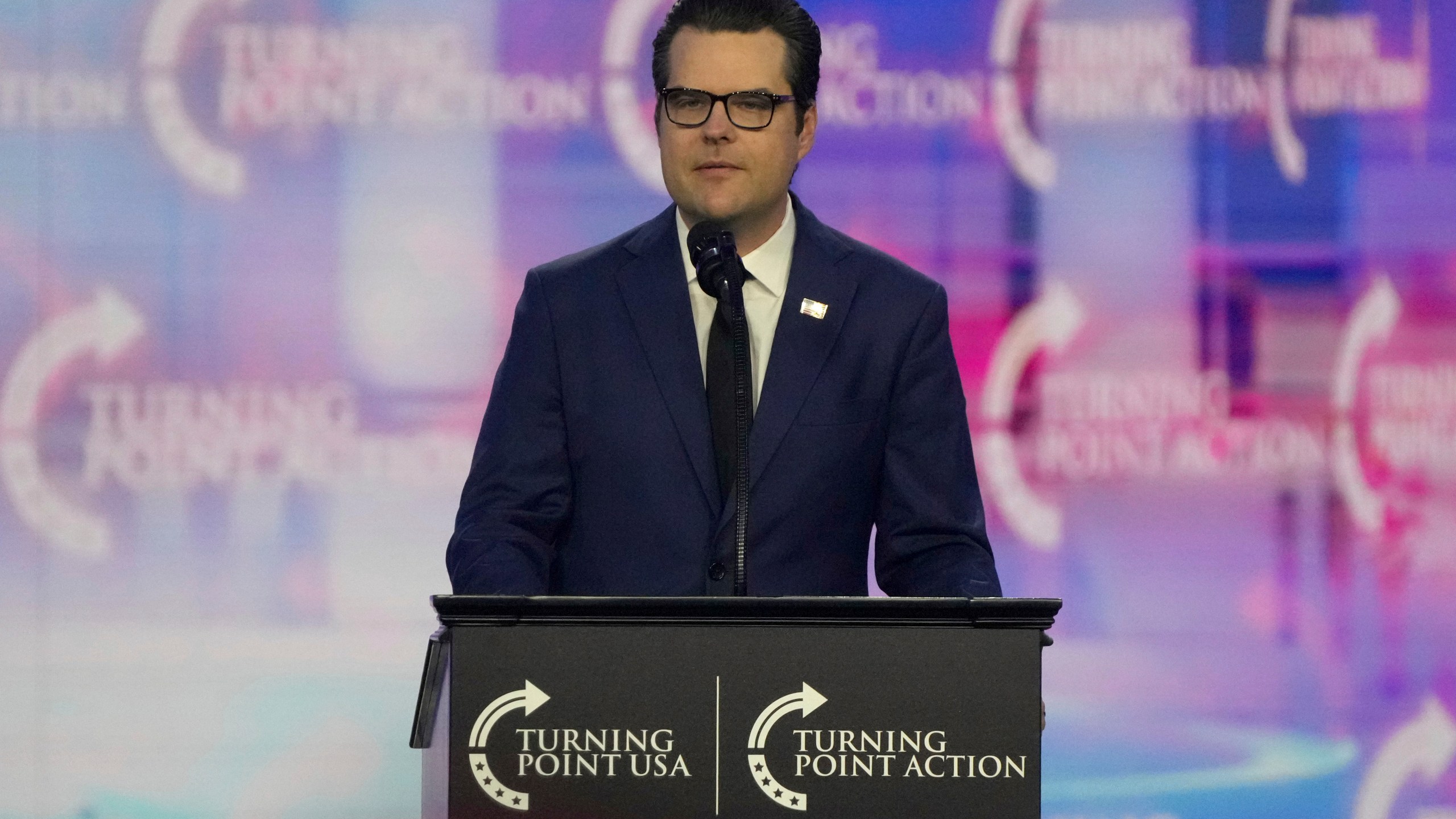 Former Rep. Matt Gaetz, R- Fla., speaks at AmericaFest, Sunday, Dec. 22, 2024, in Phoenix. (AP Photo/Rick Scuteri)