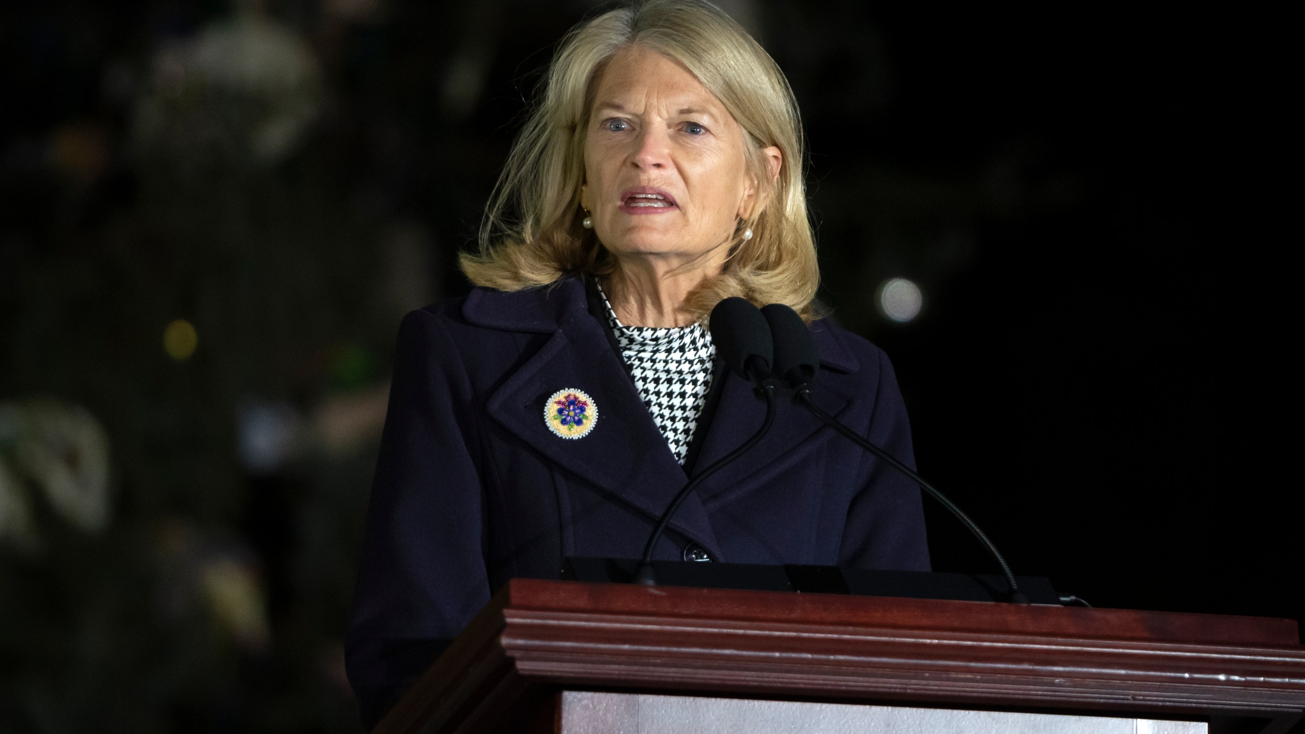 Sen. Lisa Murkowski, R-Alaska, speaks during the U.S. Capitol Christmas tree lighting ceremony on the West Front of the Capitol, Tuesday, Dec. 3, 2024, in Washington. (AP Photo/Mark Schiefelbein)