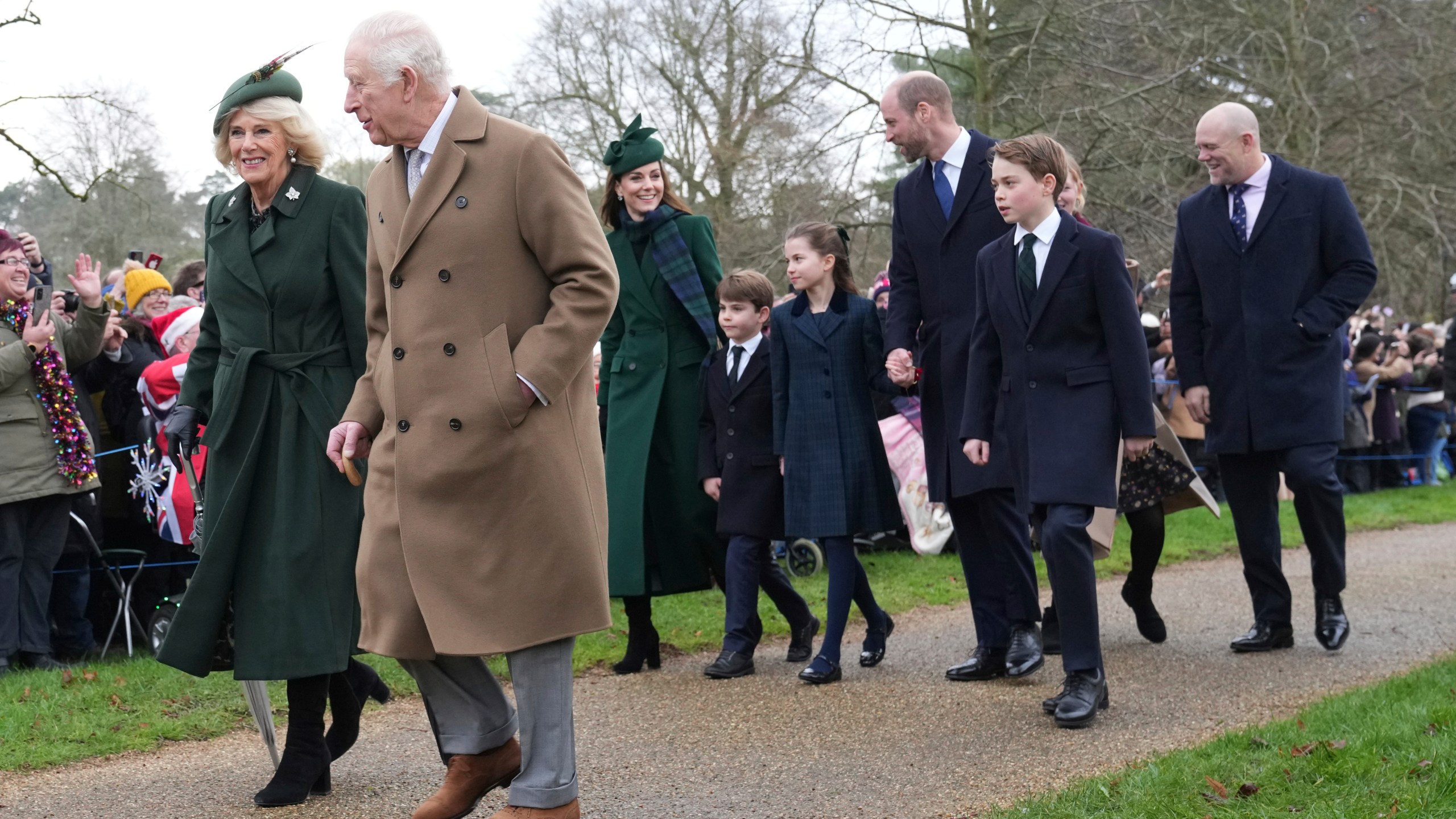 Britain's King Charles IIIt, second left, with Queen Camilla, Kate Princess of Wales, Prince Louis, Princess Charlotte, Prince William, Prince George and at right Mike Tindall arrive for the Christmas day service at St Mary Magdalene Church in Sandringham in Norfolk, England, Wednesday, Dec. 25, 2024. (AP Photo/Jon Super)