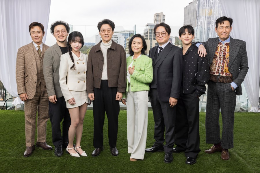 Lee Byung-hun, from left, Yang Dong-geun, Jo Yu-ri, Hwang Dong-hyuk, Kang Ae-sim, Lee Seo-hwan, Im Si-wan and Lee Jung-jae pose for a portrait to promote the second season of "Squid Game" on Wednesday, Dec. 11, 2024, in Los Angeles. (Photo by Willy Sanjuan/Invision/AP)