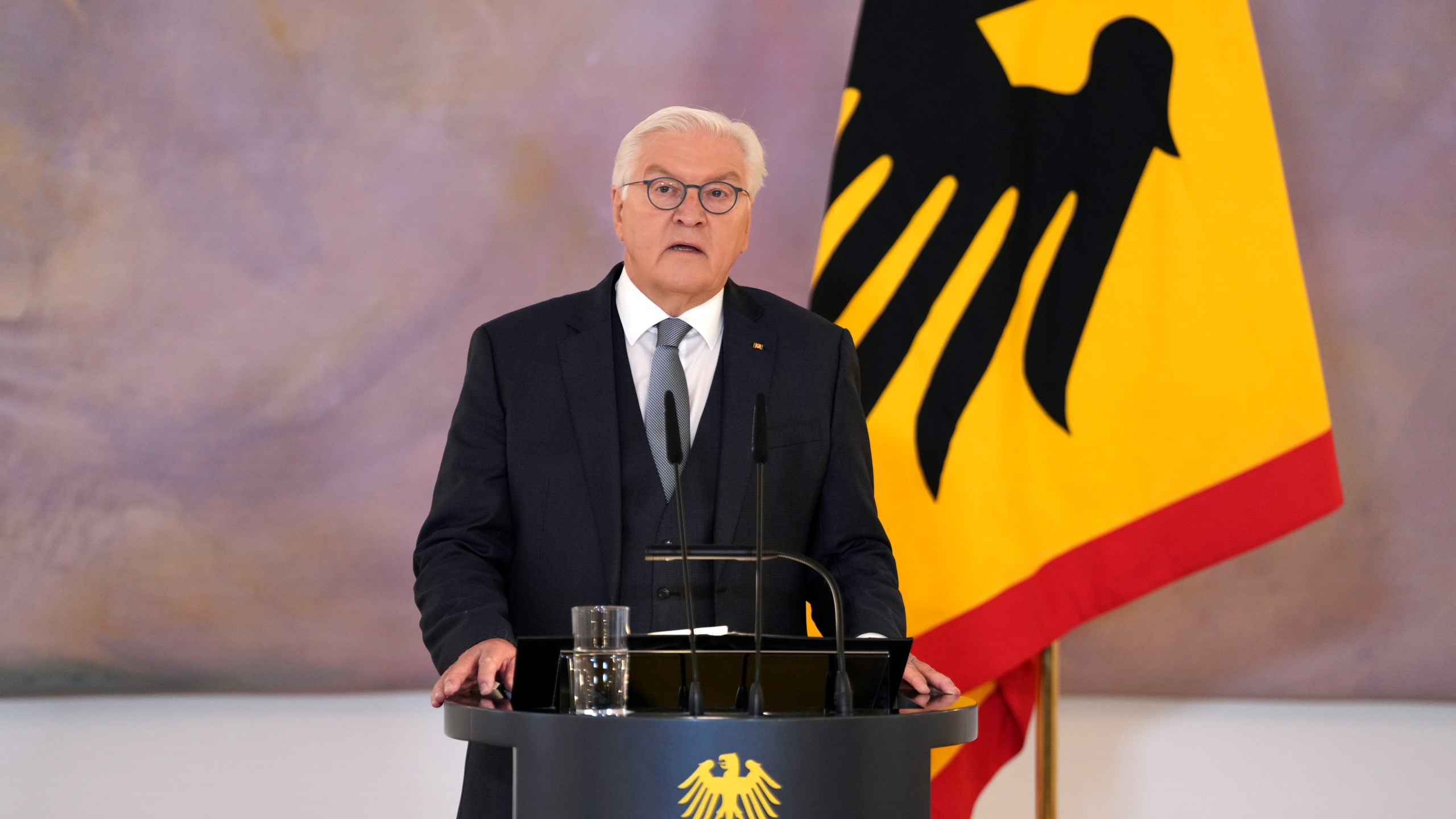 German President Frank-Walter Steinmeier announces the decision to dissolve the German Bundestag and schedules a new election for February 23 next year, in Berlin, Friday, Dec. 27, 2024. (S'ren Stache/dpa via AP)