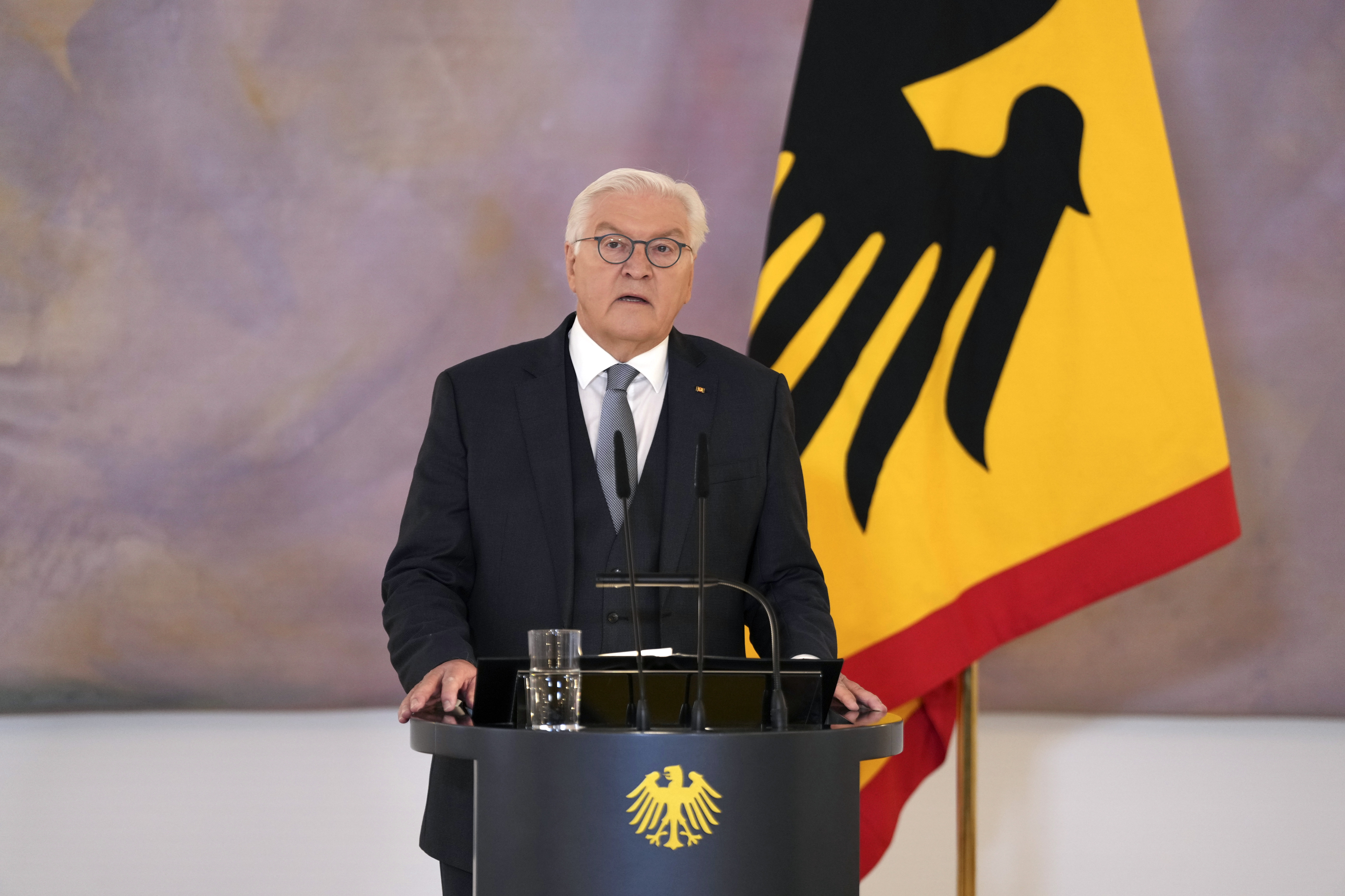 German President Frank-Walter Steinmeier announces the decision to dissolve the German Bundestag and schedules a new election for February 23 next year, in Berlin, Friday, Dec. 27, 2024. (S'ren Stache/dpa via AP)