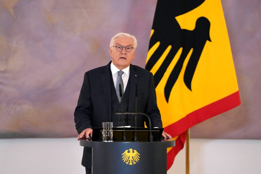 German President Frank-Walter Steinmeier announces the decision to dissolve the German Bundestag and schedules a new election for February 23 next year, in Berlin, Friday, Dec. 27, 2024. (S'ren Stache/dpa via AP)