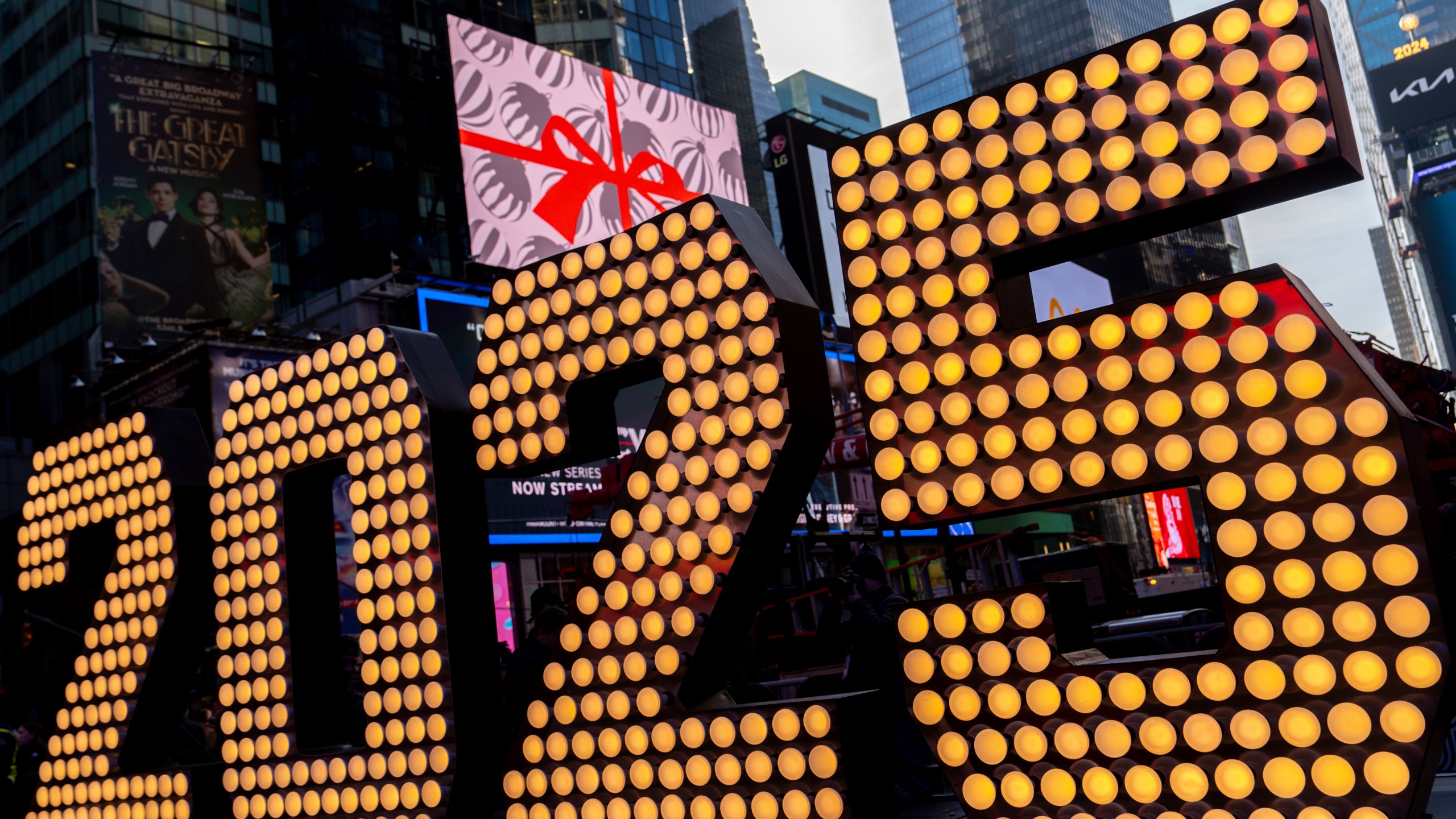 FILE - The 2025 New Year's Eve numerals are displayed in Times Square, on Dec. 18, 2024, in New York. (AP Photo/Julia Demaree Nikhinson, File)