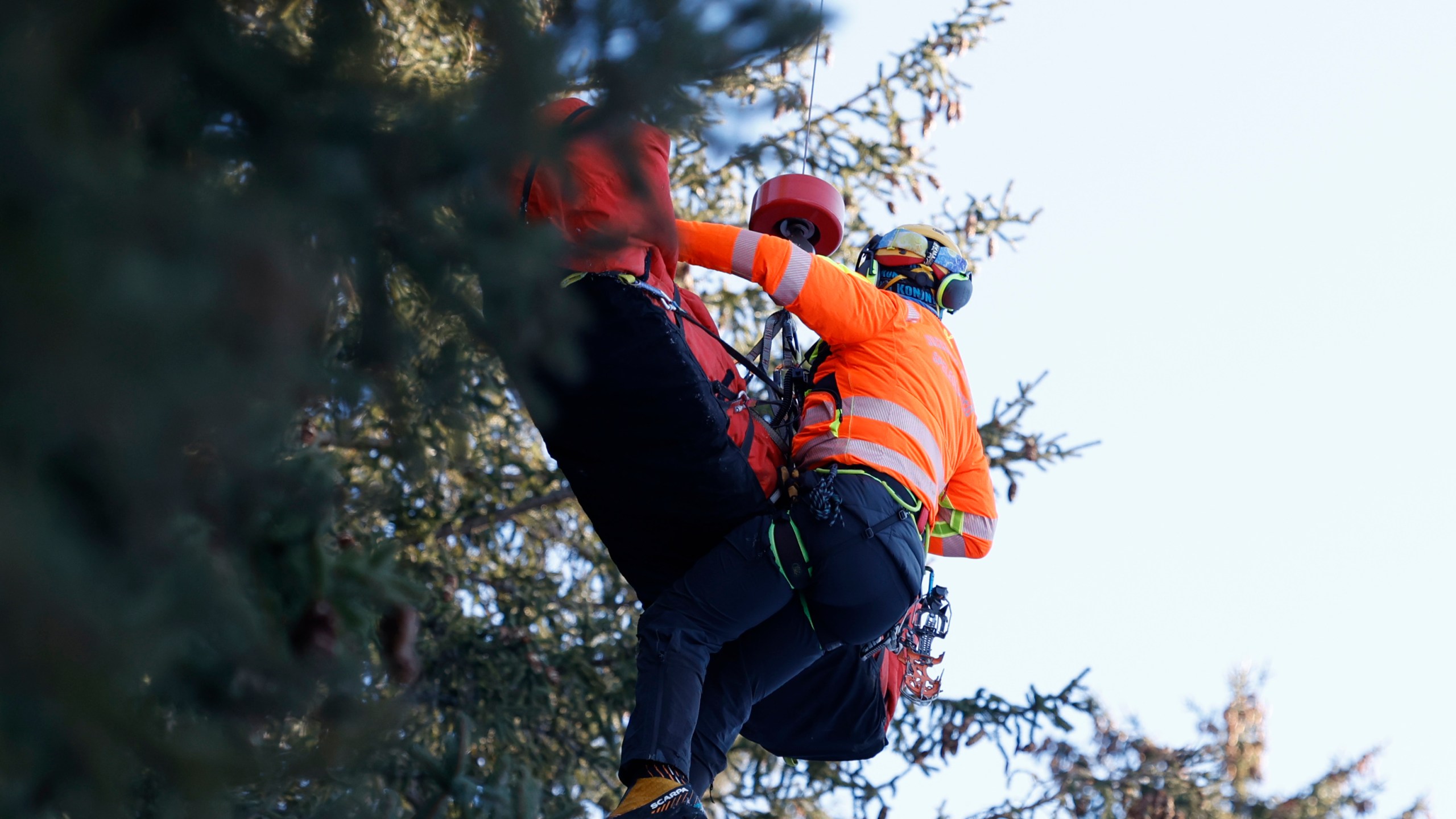 Medical staff are lifting France's Cyprien Sarrazin to an helicopter after crashing into protections net during an alpine ski, men's World Cup downhill training, in Bormio, Italy, Friday, Dec. 27, 2024. (AP Photo/Alessandro Trovati)