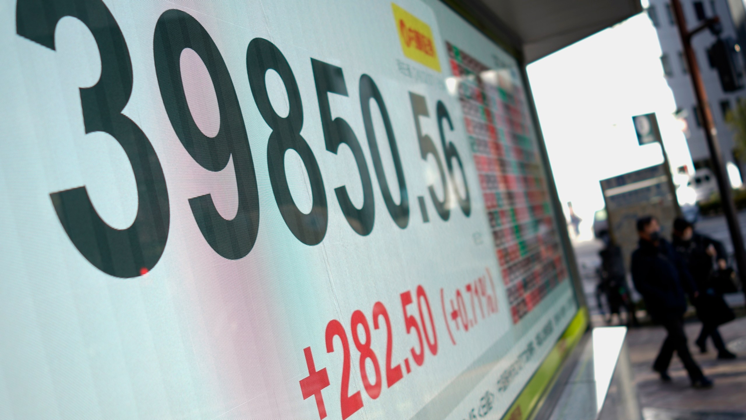 People walk in front of an electronic stock board showing Japan's Nikkei index at a securities firm Friday, Dec. 27, 2024, in Tokyo. (AP Photo/Eugene Hoshiko)