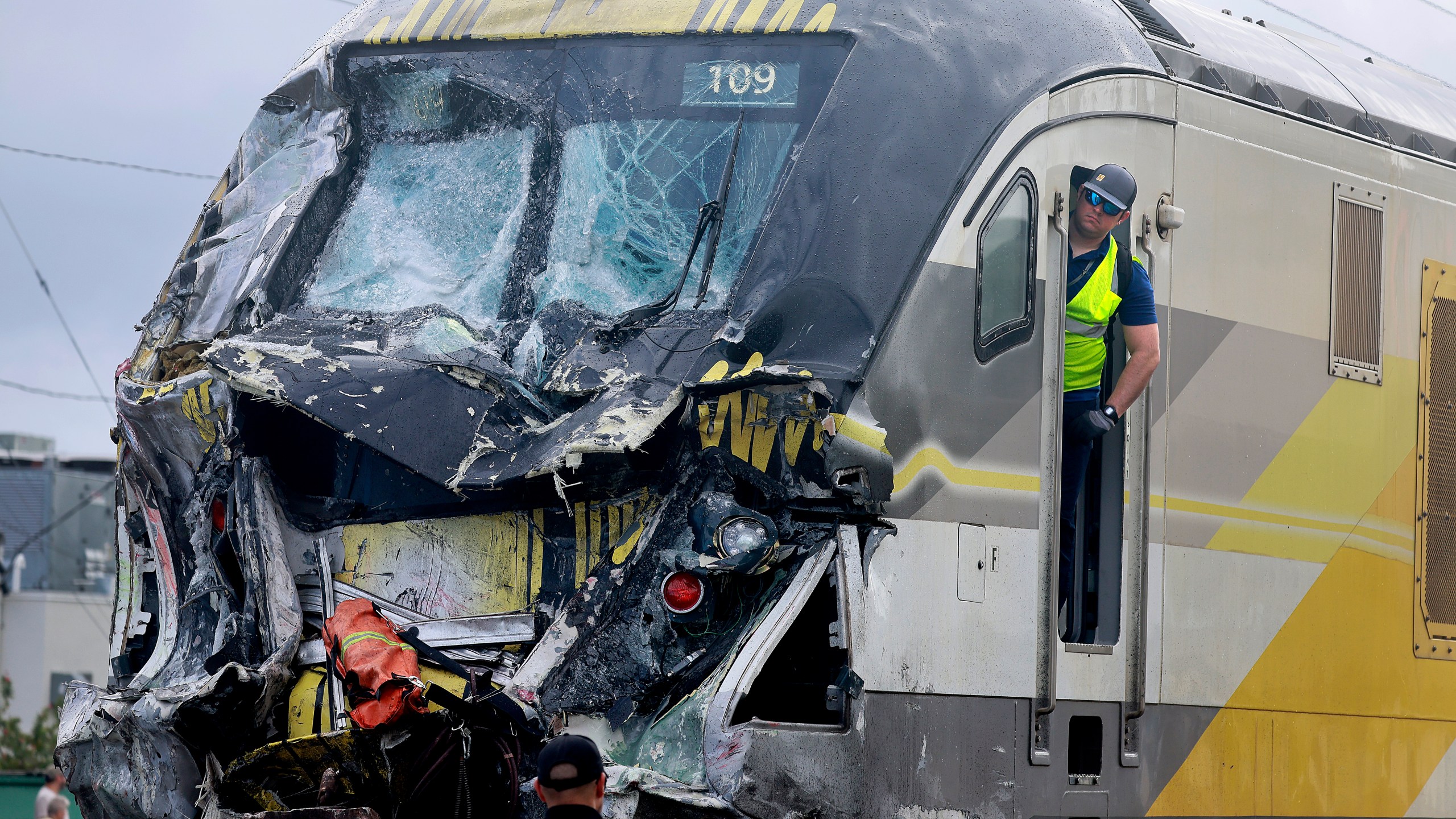 A damaged Brightline train is seen after it collided with a fire truck in downtown Delray Beach, Fla., Saturday, Dec. 28, 2024. (Mike Stocker/South Florida Sun-Sentinel via AP)