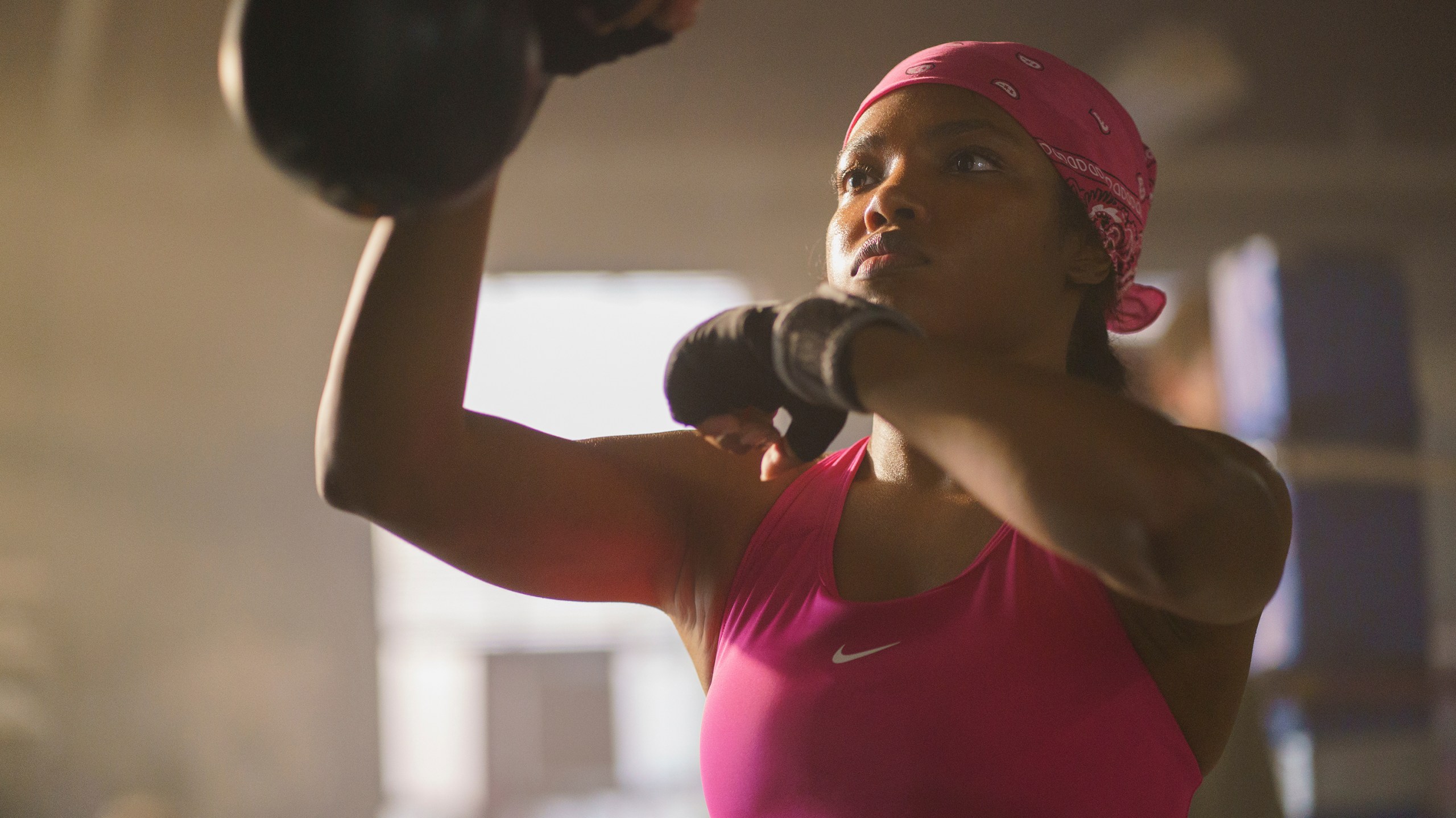 This image released by Amazon Content Services shows Ryan Destiny as Claressa Shields in a scene from "The Fire Inside." (Sabrina Lantos/Amazon Content Services via AP)