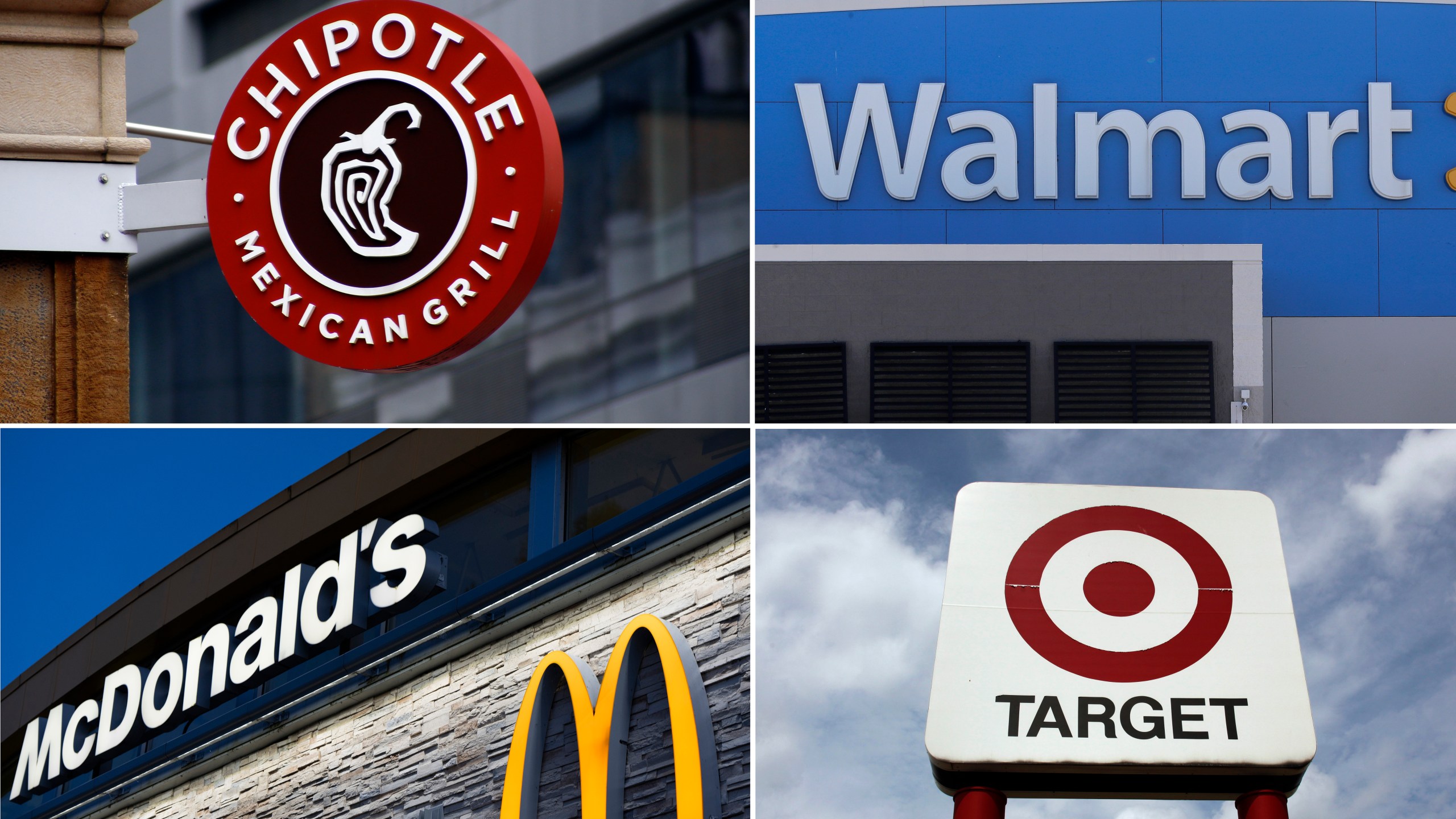 This combination image shows signage of Chipotle restaurant Feb. 8, 2016, Walmart store, in Walpole, Mass., Sept. 3, 2019, McDonald's restaurant on April 29, 2024, in Albany, Ore., a Target store sign is shown in Amherst, N.Y., Aug. 18, 2009. (AP Photo)