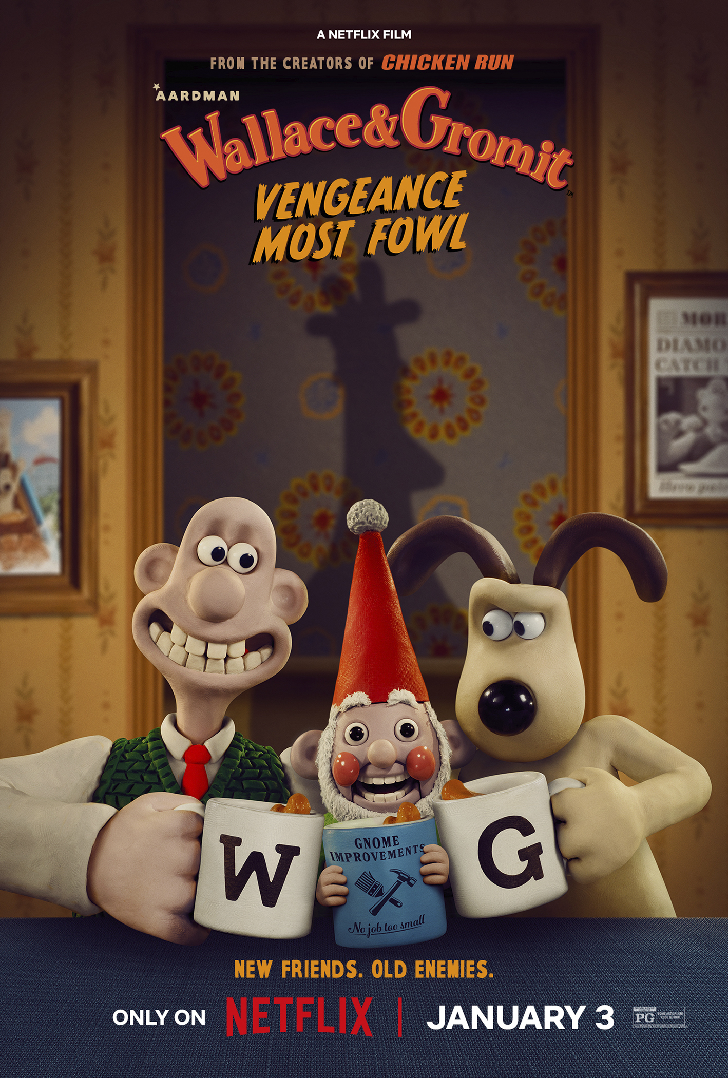 This image released by Netflix shows promotional art for the film "Wallace & Gromit: Vengeance Most Fowl." (Netflix via AP)