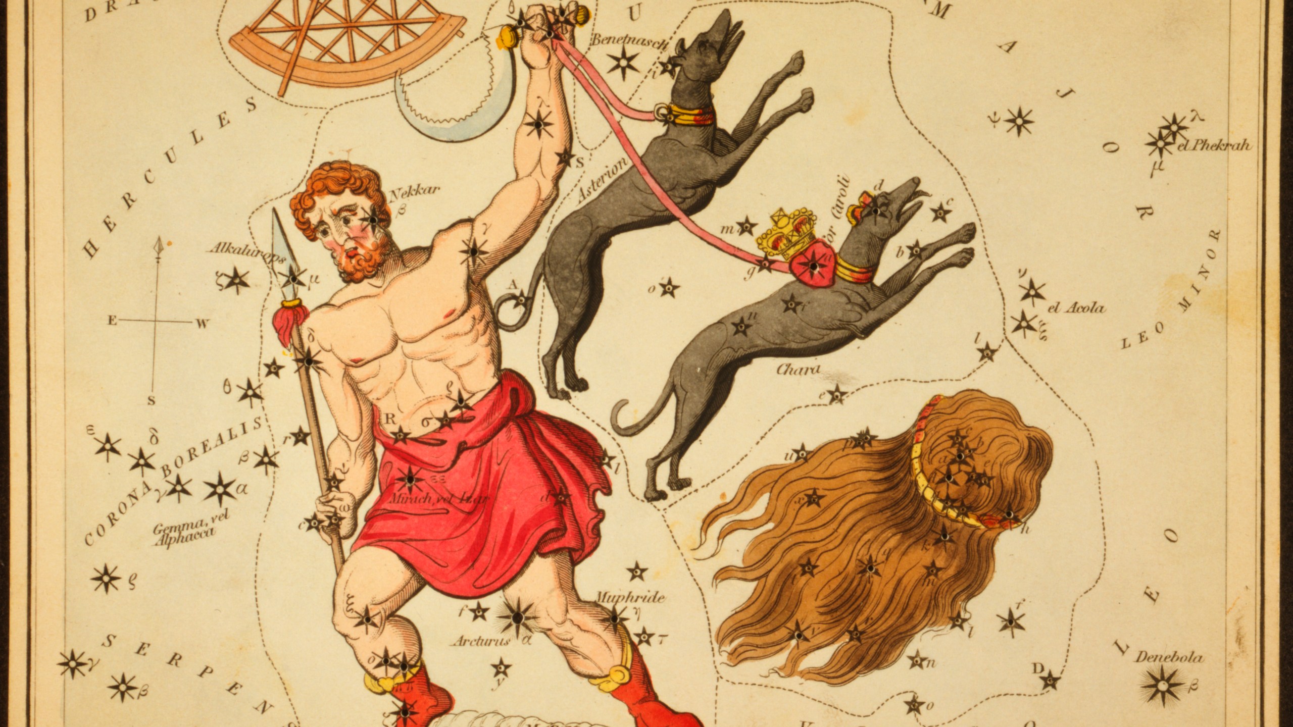 This 1825 etching provided by the Library of Congress shows an astronomical chart depicting Bootes the Ploughman holding a spear, a sickle, and two dogs, Asterion and Chara, on leashes, a quadrant, and the hair of Berenice forming the constellations. (Sidney Hall/Library of Congress via AP)