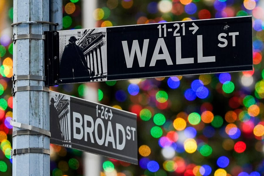 FILE - A sign outside the New York Stock Exchange marks the intersection of Wall and Broad Streets, Dec. 12, 2024, in New York. (AP Photo/Julia Demaree Nikhinson, File)