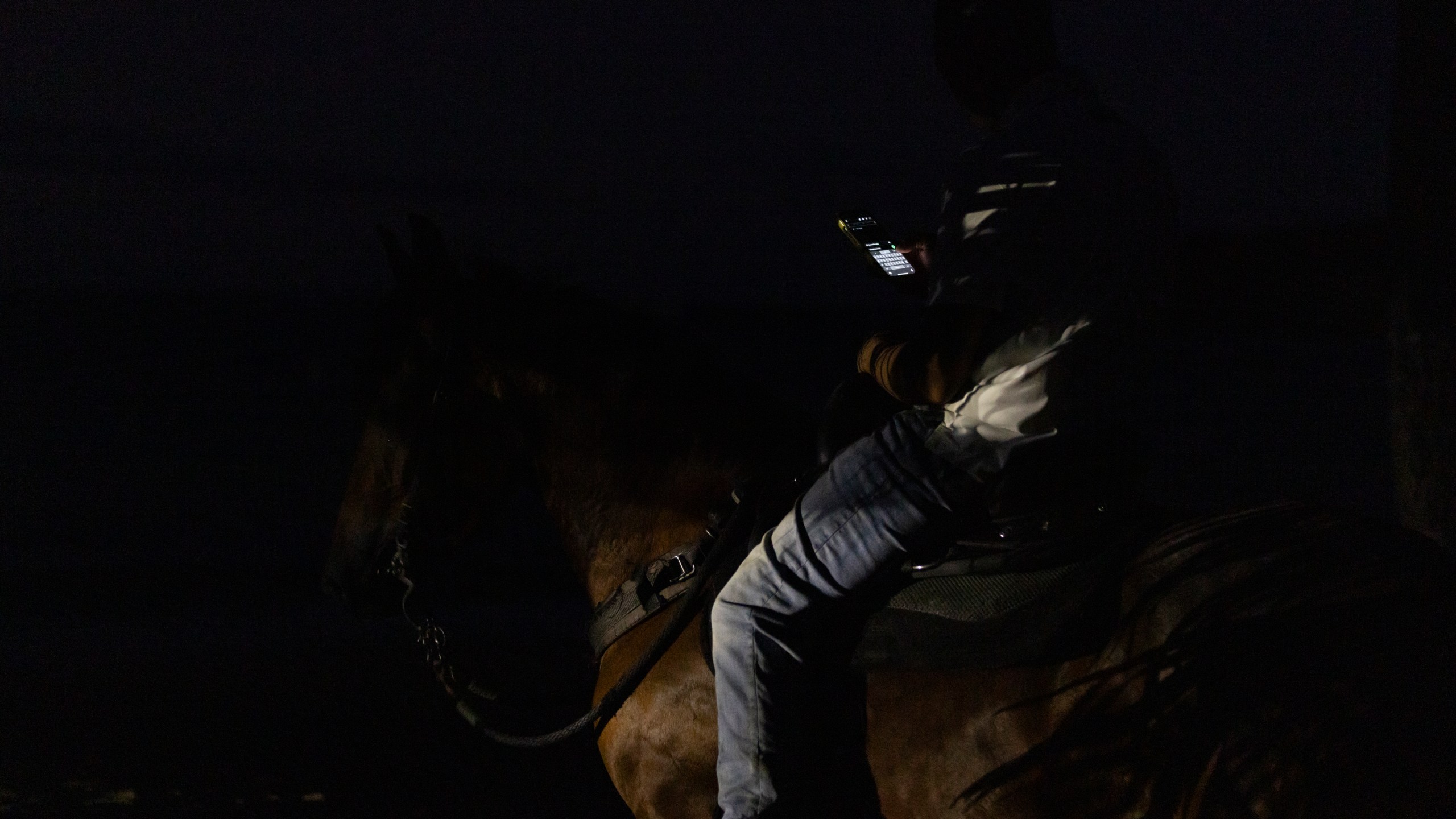 A horse rider uses a cell phone along a dark street during a blackout in Vega Alta, Puerto Rico, after sunset Tuesday, Dec. 31, 2024. (AP Photo/Alejandro Granadillo)