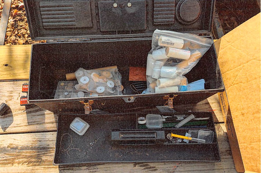 This image provided by U.S. Attorney’s Office, Eastern District of Virginia shows a stockpile of homemade explosives Federal agents seized when they arrested Brad Spafford, a Virginia man on a firearms charge in Dec. 2024. (U.S. Attorney’s Office, Eastern District of Virginia via AP)