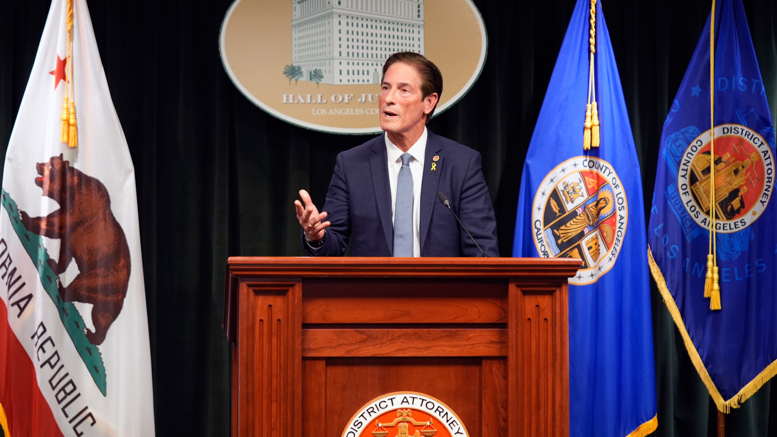 Los Angeles County District Attorney Nathan Hochman talks about the resentencing of Erik and Lyle Menendez for the murders of their parents decades ago during a news conference in downtown Los Angeles on Friday, Jan. 3, 2025. (AP Photo/Damian Dovarganes)