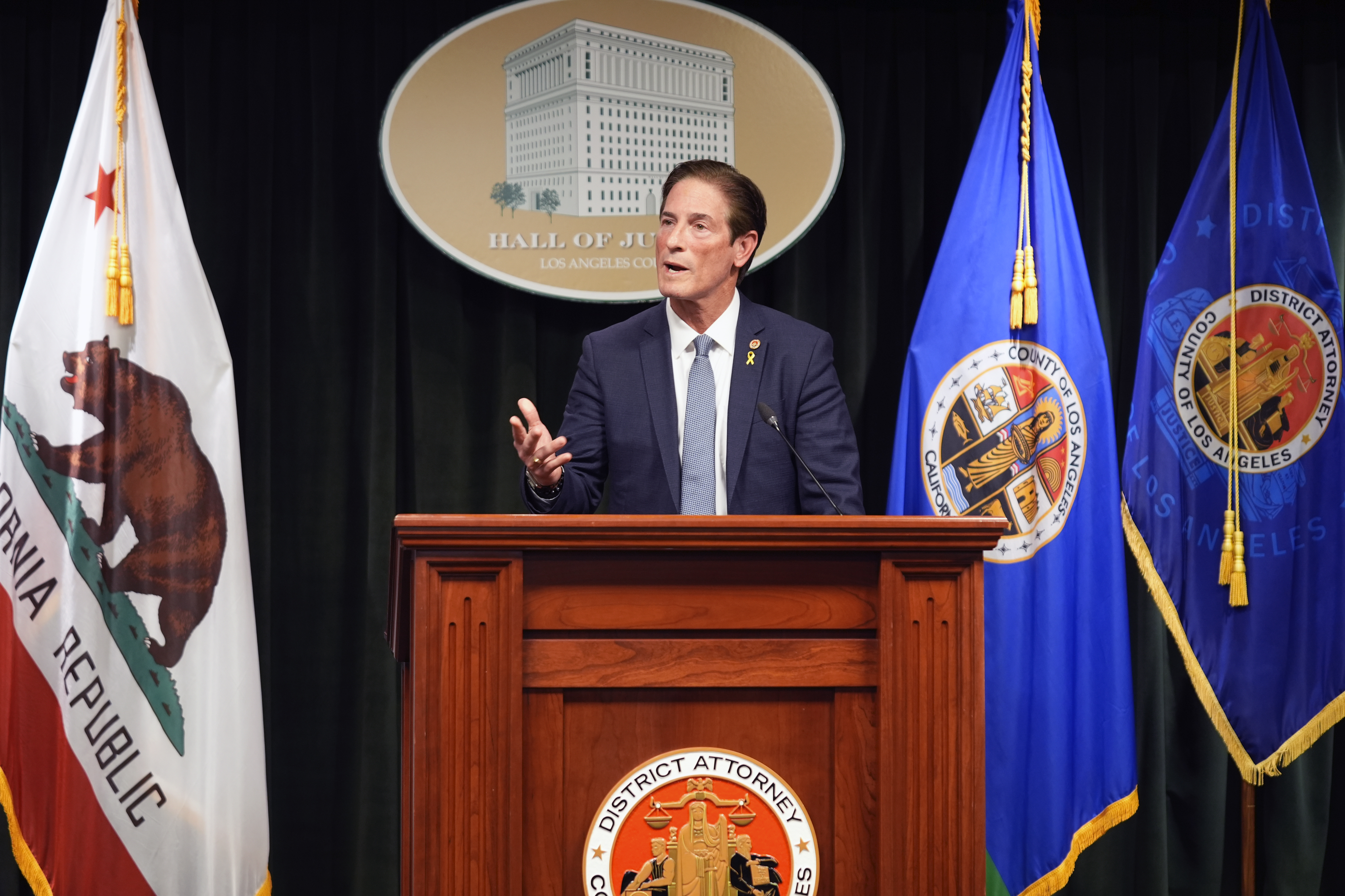 Los Angeles County District Attorney Nathan Hochman talks about the resentencing of Erik and Lyle Menendez for the murders of their parents decades ago during a news conference in downtown Los Angeles on Friday, Jan. 3, 2025. (AP Photo/Damian Dovarganes)