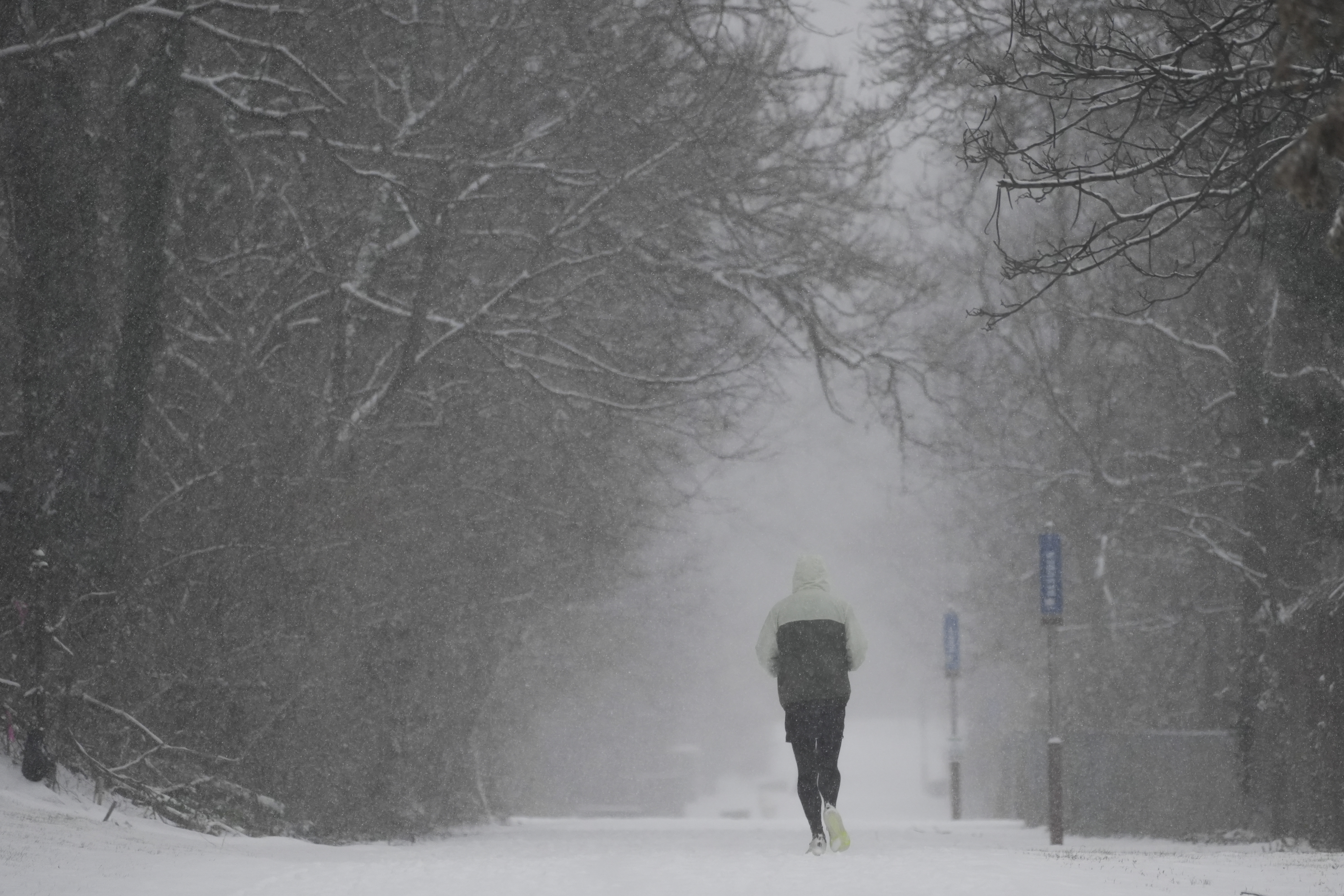 A person runs down a trail during a winter storm, Sunday, Jan. 5, 2025, in Cincinnati. (AP Photo/Joshua A. Bickel)