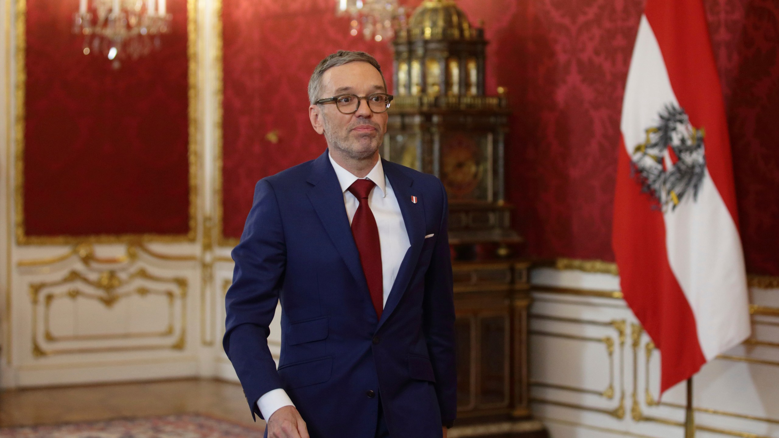 Head of the Freedom Party (FPOe) Herbert Kickl leaves the presidential office, in Vienna, Austria, Monday, Jan. 06, 2025. (AP Photo/Heinz-Peter Bader)